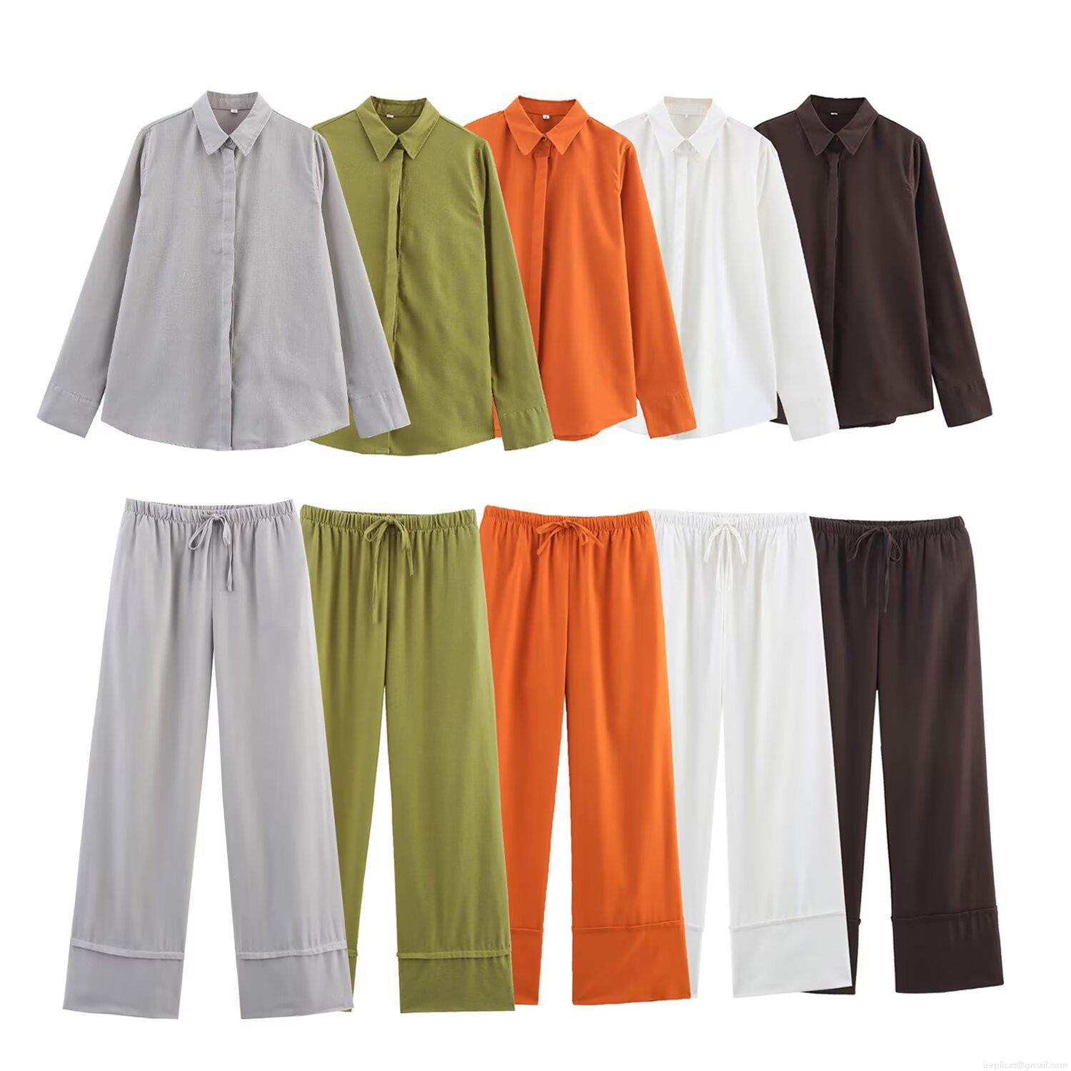 Women's Solid Color 2-Piece Set Long Sleeve Shirt And High Waist Wide Leg Pants Polyester Loose Streetwear Casual Outfits For Summer Women's Solid Color 2-Piece Set Long Sleeve Shirt And High Waist Wide Leg Pants Polyester Loose Streetwear Casual Outfits For Summer