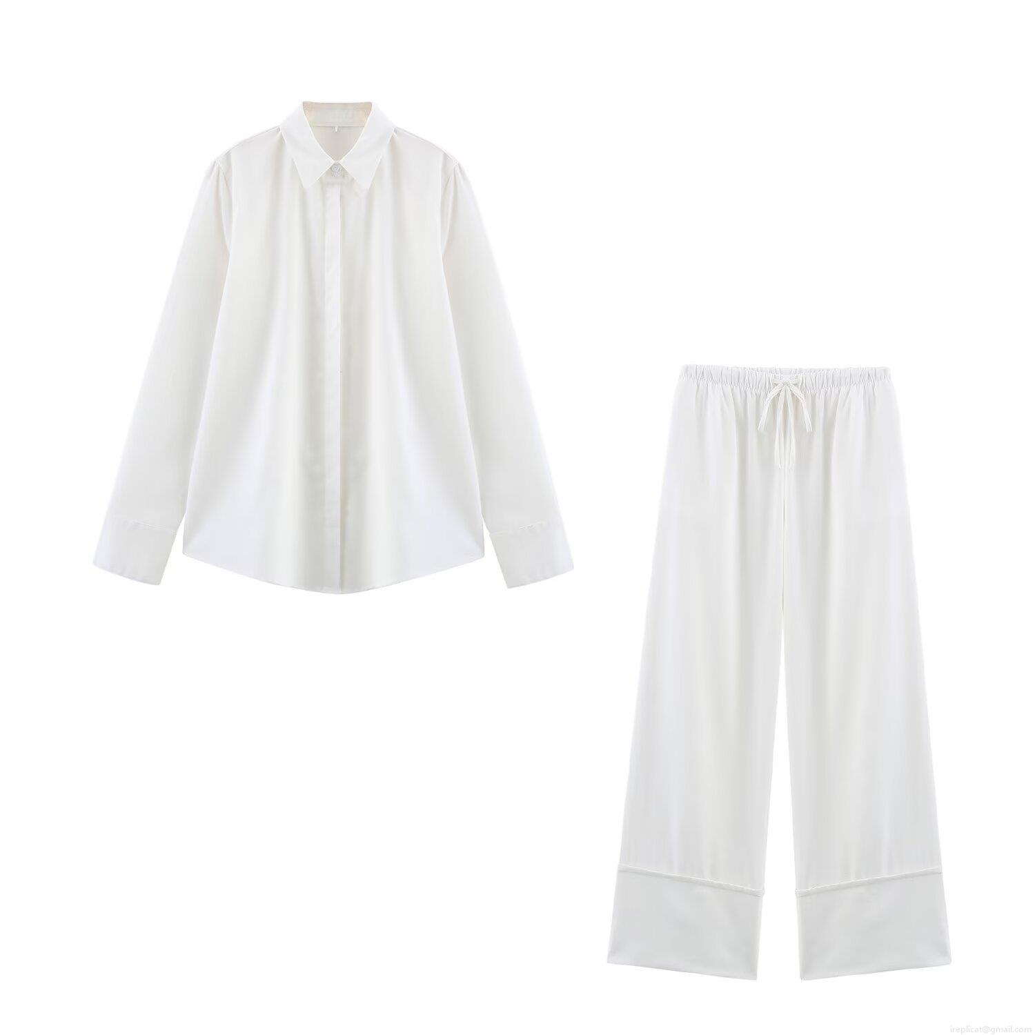 Women\'s Solid Color 2-Piece Set Long Sleeve Shirt And High Waist Wide Leg Pants Polyester Loose Streetwear Casual Outfits For Summer