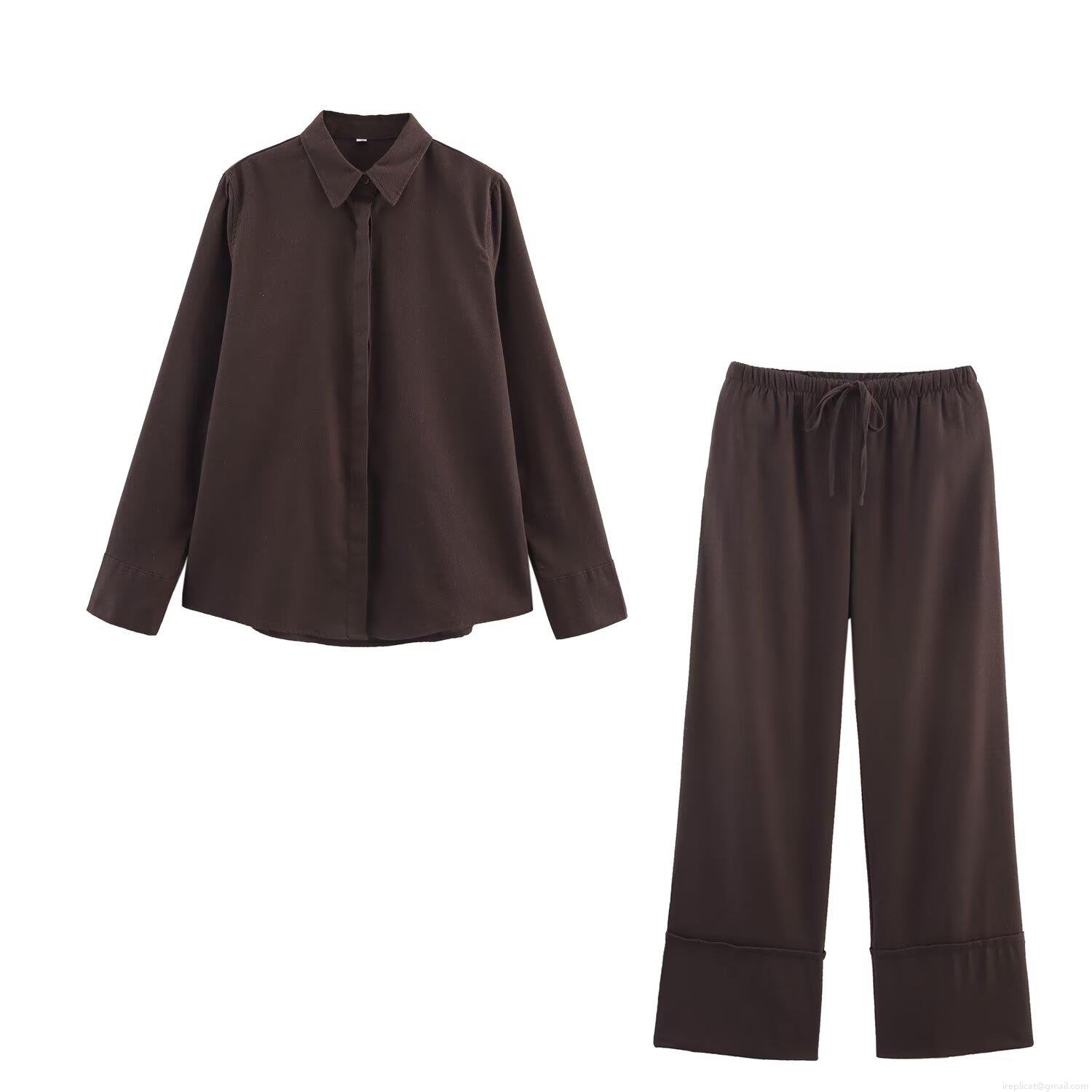 Women\'s Solid Color 2-Piece Set Long Sleeve Shirt And High Waist Wide Leg Pants Polyester Loose Streetwear Casual Outfits For Summer