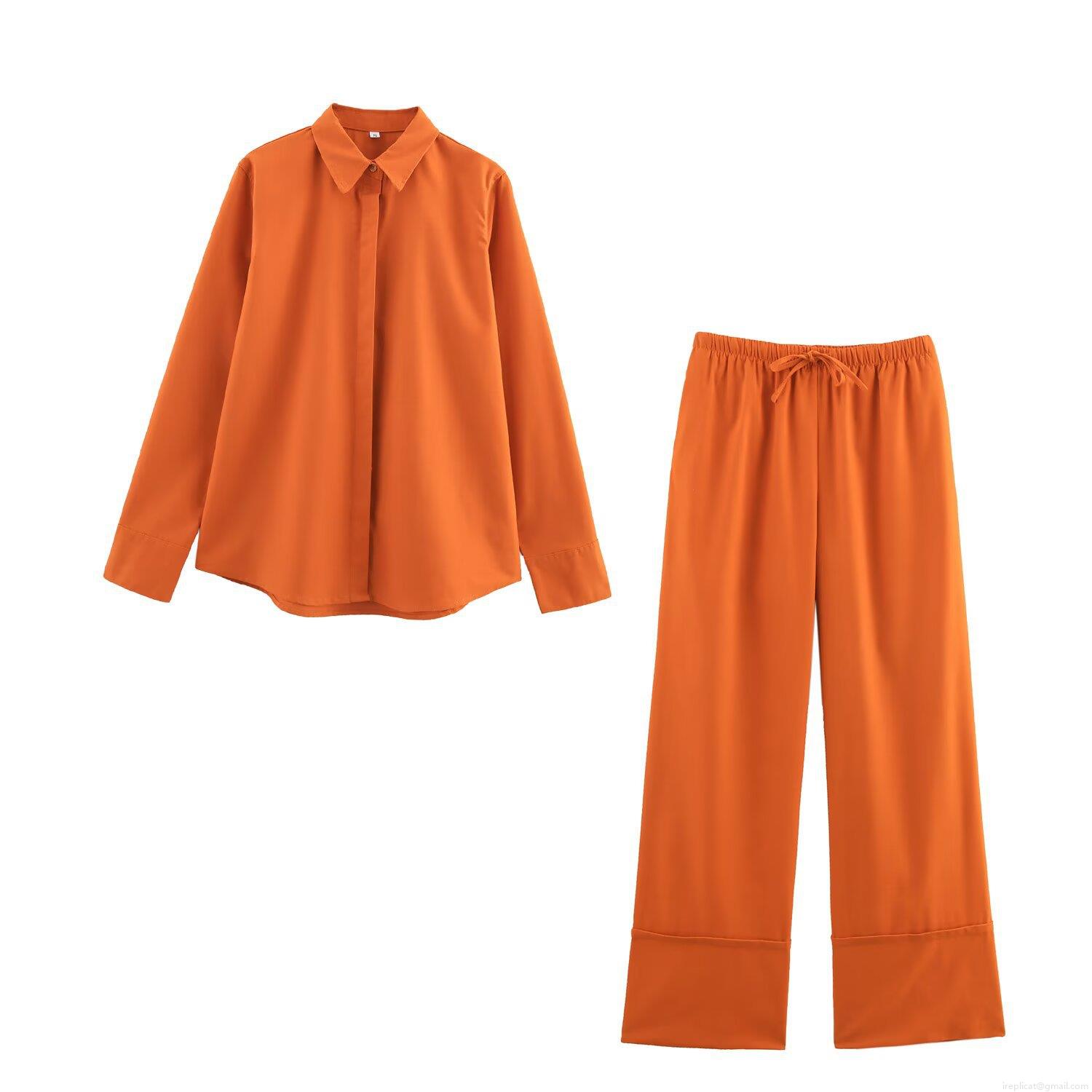 Women\'s Solid Color 2-Piece Set Long Sleeve Shirt And High Waist Wide Leg Pants Polyester Loose Streetwear Casual Outfits For Summer