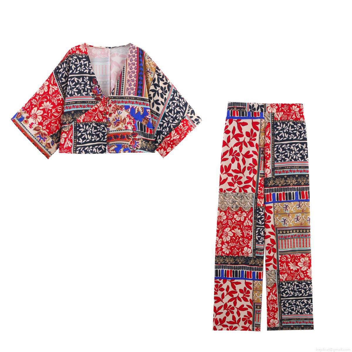 Women's Two Piece Outfits Bohemian Patchwork Print V-Neck Short Sleeve Shirt And High Waist Wide Leg Pants Set Casual Summer Streetwear Vacation Suit Women's Two Piece Outfits Bohemian Patchwork Print V-Neck Short Sleeve Shirt And High Waist Wide Leg Pants Set Casual Summer Streetwear Vacation Suit