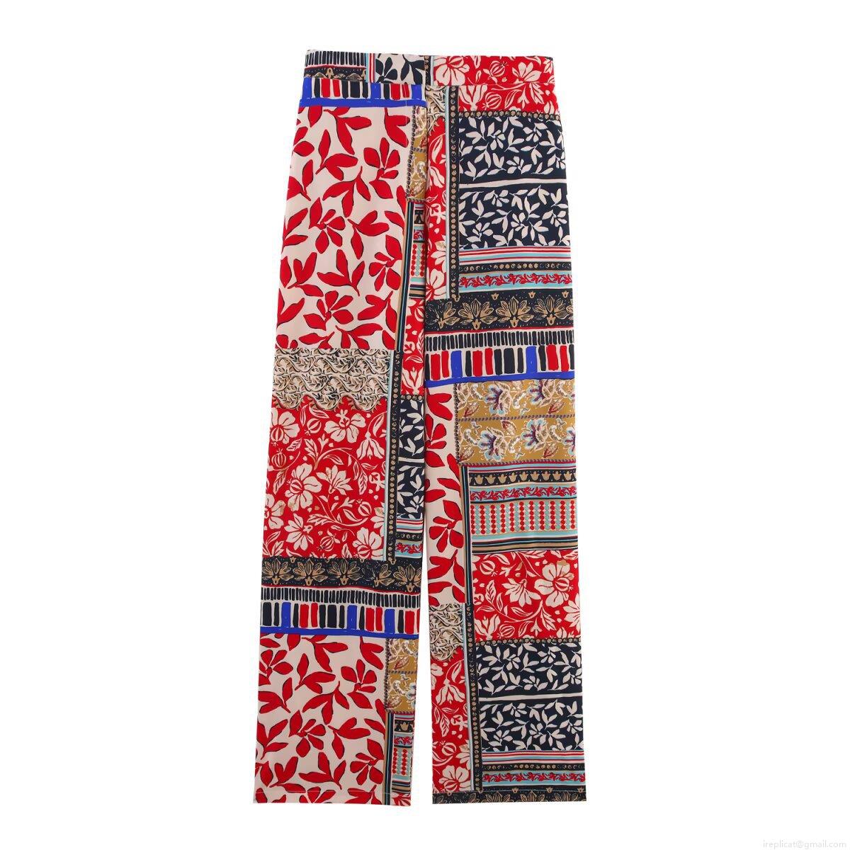 Women\'s Two Piece Outfits Bohemian Patchwork Print V-Neck Short Sleeve Shirt And High Waist Wide Leg Pants Set Casual Summer Streetwear Vacation Suit