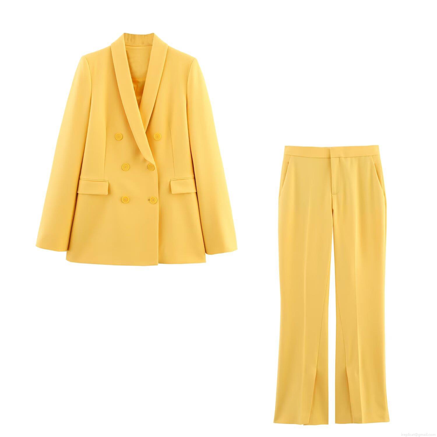 Women Two Piece Blazer Pants Set Double Breasted Tuxedo Peak Lapel Jacket And High Waist Slit Hem Flare Trousers Solid Color Polyester Office Commute Professional Suits Women Two Piece Blazer Pants Set Double Breasted Tuxedo Peak Lapel Jacket And High Waist Slit Hem Flare Trousers Solid Color Polyester Office Commute Professional Suits