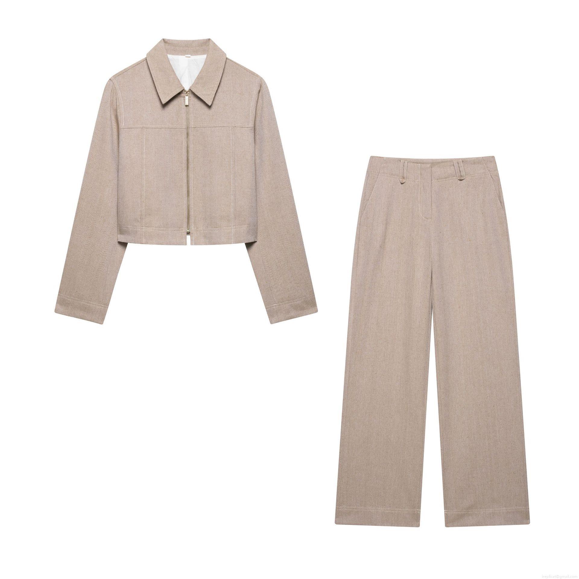 Women's 2 Piece Pants Set Polyester Herringbone Cropped Zipper Jacket High Waist Wide Leg Trousers Casual Streetwear Outfits for Spring Autumn Women's 2 Piece Pants Set Polyester Herringbone Cropped Zipper Jacket High Waist Wide Leg Trousers Casual Streetwear Outfits for Spring Autumn