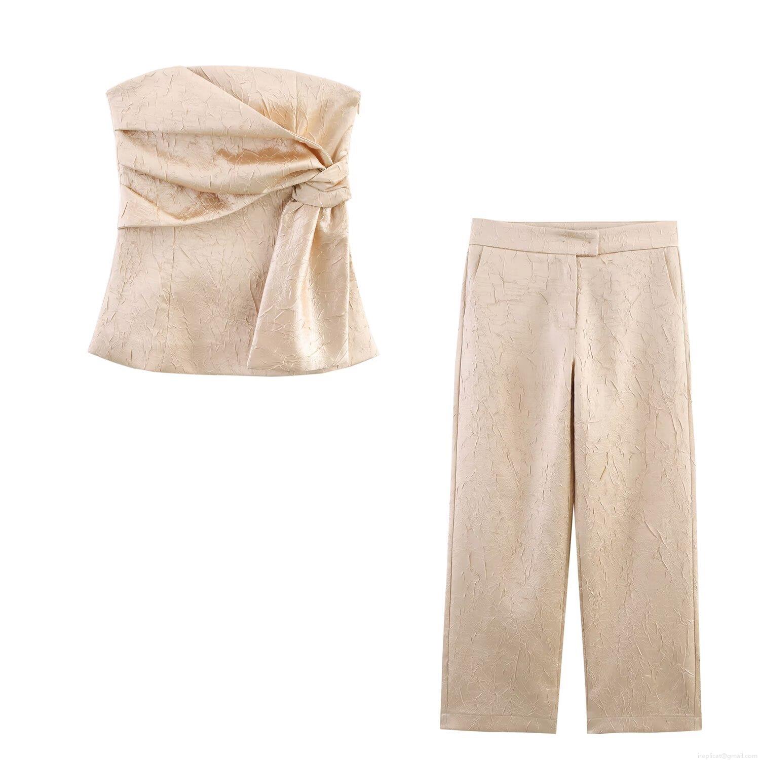 Women's 2 Piece Outfits Sets Elegant Pleated Polyester Strapless Bandeau Top High Waist Straight Leg Pants Champagne Gold Streetwear Fashion Suits For Party Vacation Women's 2 Piece Outfits Sets Elegant Pleated Polyester Strapless Bandeau Top High Waist Straight Leg Pants Champagne Gold Streetwear Fashion Suits For Party Vacation