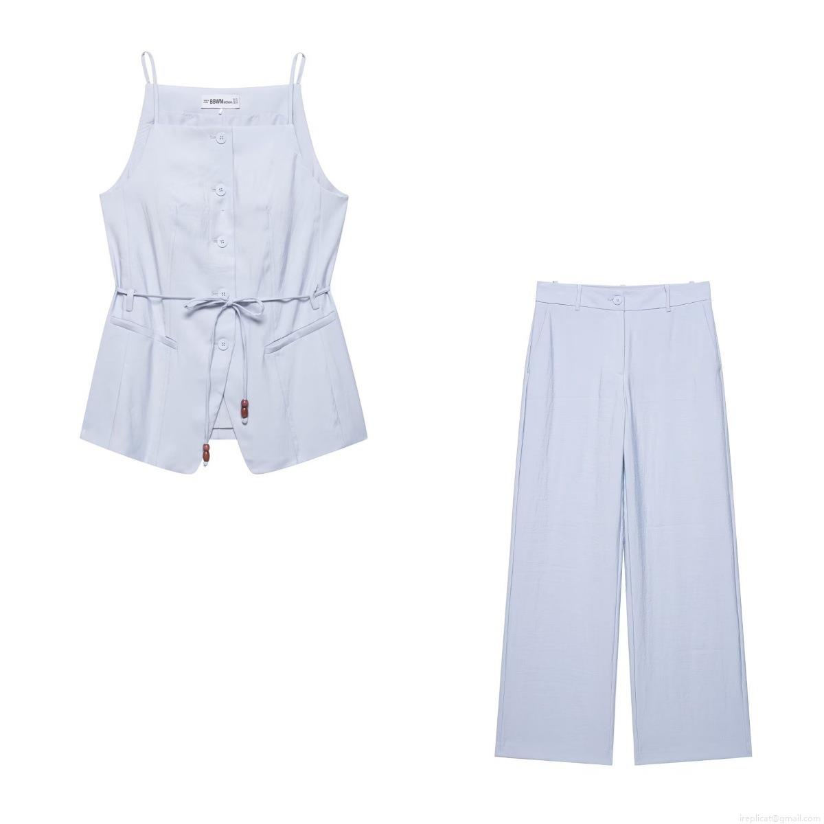 Women's Summer Two Piece Set 100% Polyester Woven Sleeveless Camisole Vest with Tie-Waist Wooden Beads and Wide Leg Straight Pants Casual Streetwear Outfit Women's Summer Two Piece Set 100% Polyester Woven Sleeveless Camisole Vest with Tie-Waist Wooden Beads and Wide Leg Straight Pants Casual Streetwear Outfit