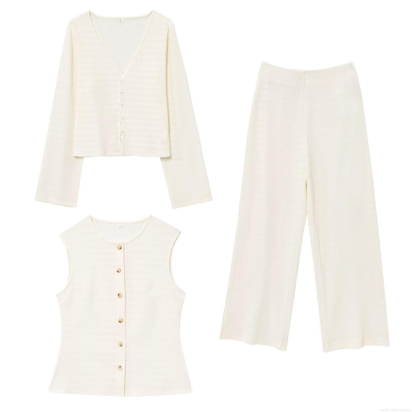 Women's Three Piece Set Ribbed Knit Button Cardigan Vest And Wide Leg Pants Solid Color Loungewear Streetwear Cream White Comfortable Outfit For Women Women's Three Piece Set Ribbed Knit Button Cardigan Vest And Wide Leg Pants Solid Color Loungewear Streetwear Cream White Comfortable Outfit For Women