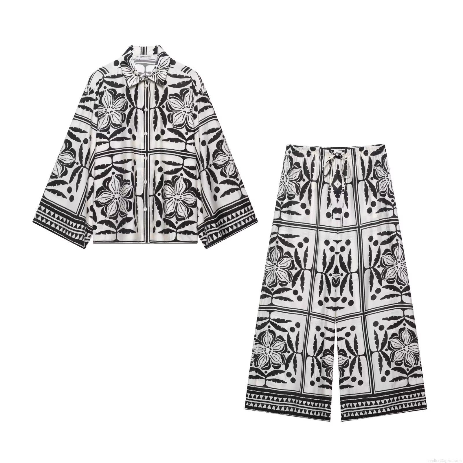 Women's Two Piece Set Tropical Floral Geometric Print Color Block Long Sleeve Button Down Shirt And High Waisted Wide Leg Pants Vacation Outfits Women's Two Piece Set Tropical Floral Geometric Print Color Block Long Sleeve Button Down Shirt And High Waisted Wide Leg Pants Vacation Outfits
