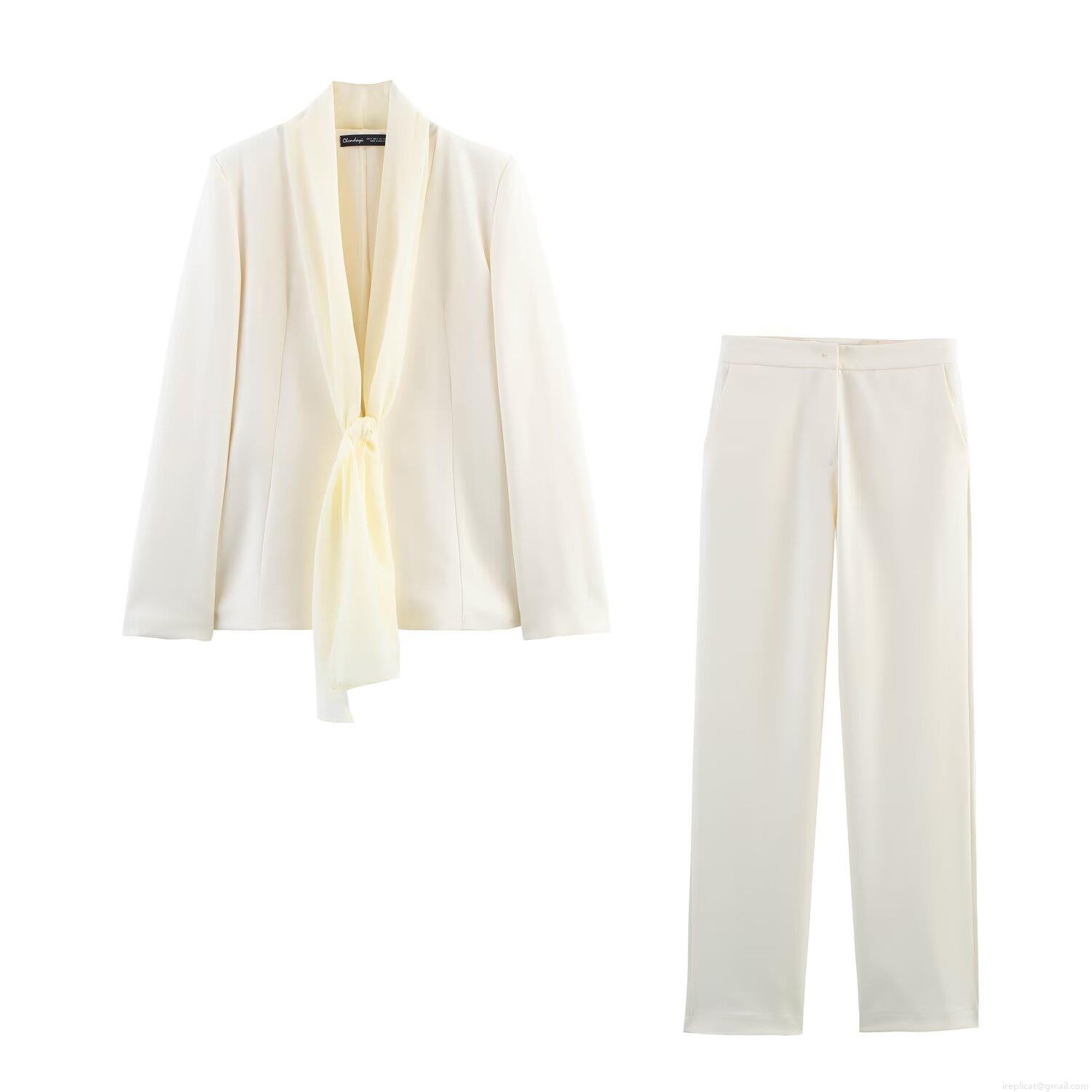 Women's Elegant Two Piece Suit Set Scarf Collar Long Sleeve Blazer and High Waist Straight Leg Pants Solid Color Office Lady Outfits Women's Elegant Two Piece Suit Set Scarf Collar Long Sleeve Blazer and High Waist Straight Leg Pants Solid Color Office Lady Outfits