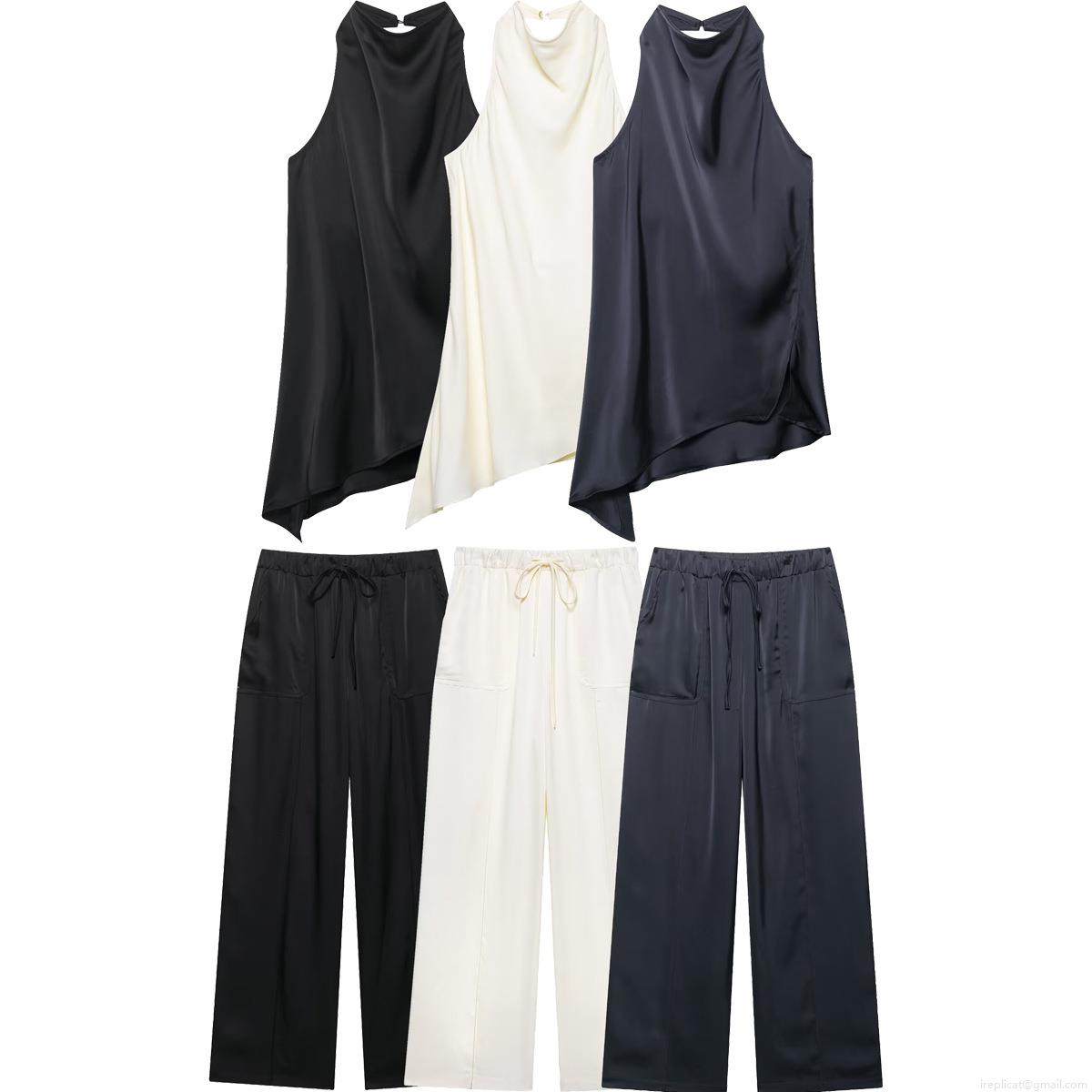 Women's 100% Polyester Satin Halter Top And Wide Leg Pants Two-Piece Set Elegant Asymmetrical Hem Sleeveless Vest And Drawstring Loose Trousers Summer Fashion Streetwear Women's 100% Polyester Satin Halter Top And Wide Leg Pants Two-Piece Set Elegant Asymmetrical Hem Sleeveless Vest And Drawstring Loose Trousers Summer Fashion Streetwear