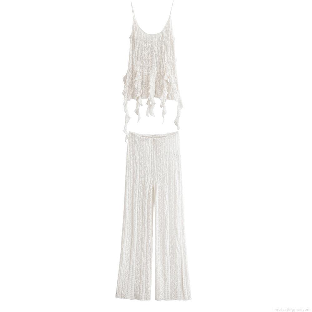 Women's Sexy White Lace Ruffle Camisole Top and Wide Leg Pants Set Two Piece Elegant Polyester Hollow Out Pleated Summer Streetwear Outfits for Women Women's Sexy White Lace Ruffle Camisole Top and Wide Leg Pants Set Two Piece Elegant Polyester Hollow Out Pleated Summer Streetwear Outfits for Women