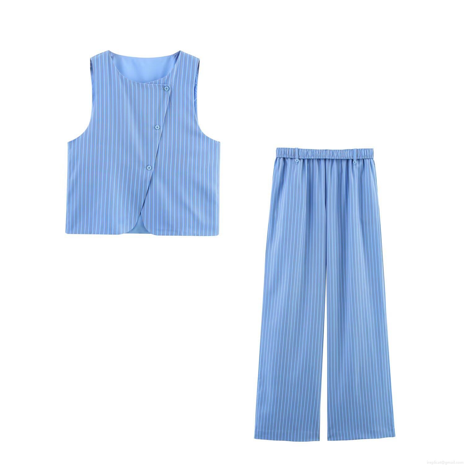 Women's Casual Two Piece Striped Outfits Round Neck Sleeveless Vest Top And Elastic Waist Wide Leg Pants Summer Streetwear Pants Set Women's Casual Two Piece Striped Outfits Round Neck Sleeveless Vest Top And Elastic Waist Wide Leg Pants Summer Streetwear Pants Set