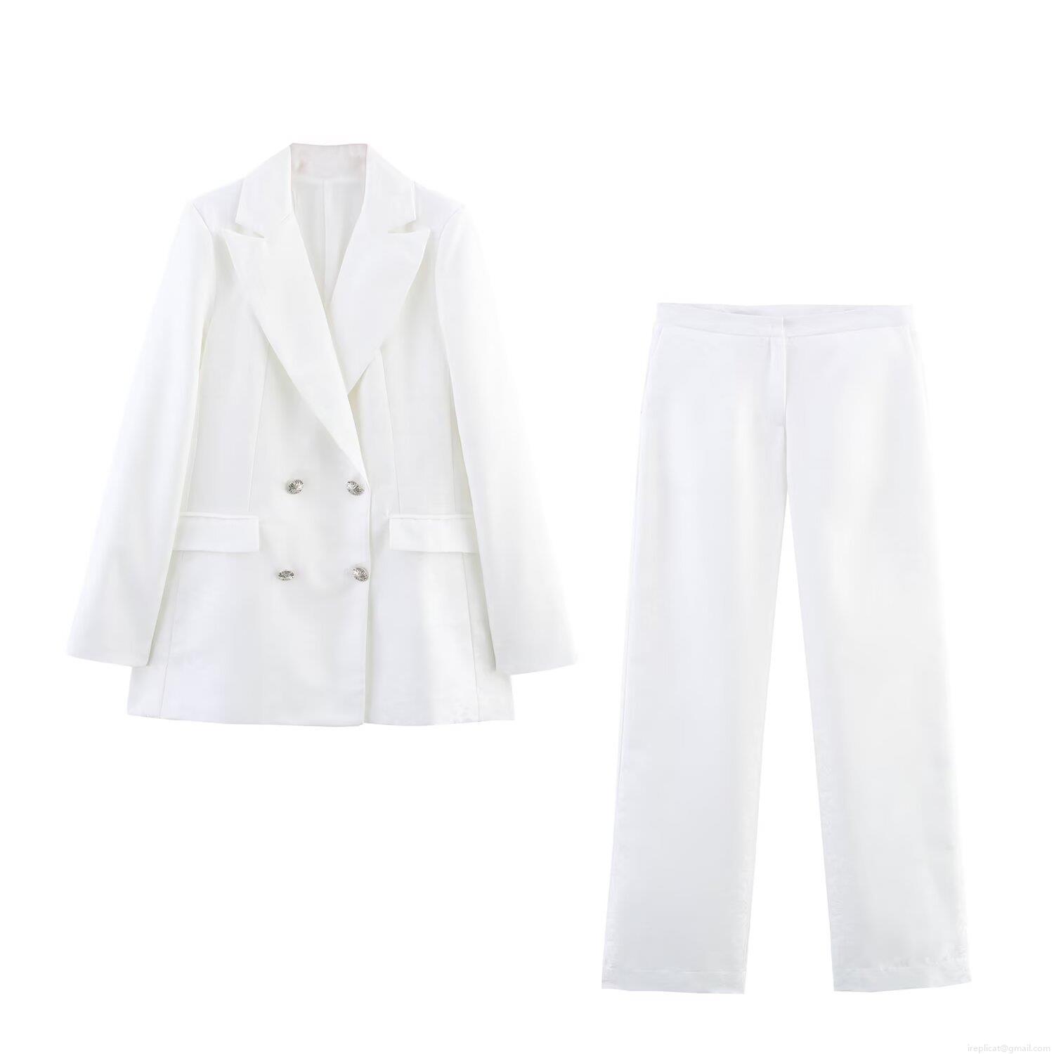 Women\'s Elegant White Blazer Suit Two-Piece Set Double-Breasted Jacquard Blazer and High Waist Straight-Leg Pants for Professional Office Lady Formal Evening Wear