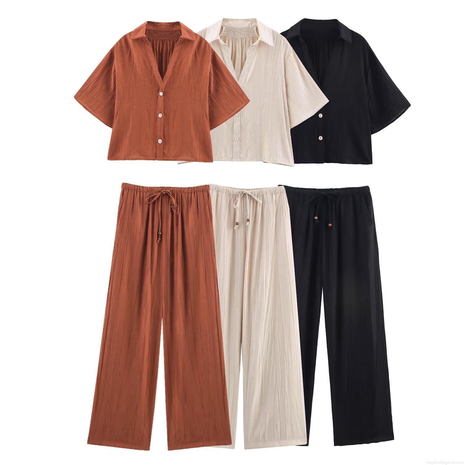 Women's Summer Casual 2 Piece Outfits Short Sleeve V Neck Button Down Shirt And High Waist Wide Leg Pants Set With Wood Beads Crinkled Texture Loose Streetwear Women's Summer Casual 2 Piece Outfits Short Sleeve V Neck Button Down Shirt And High Waist Wide Leg Pants Set With Wood Beads Crinkled Texture Loose Streetwear