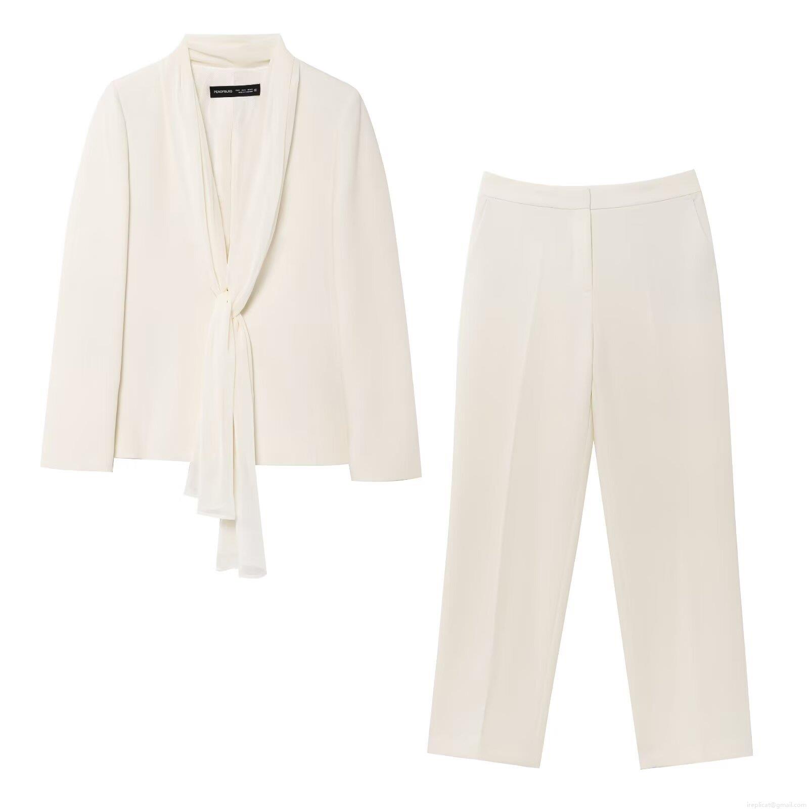 Women's Elegant Off White Two Piece Suit Set Polyester Scarf Collar Long Sleeve Blazer And High Waisted Straight Leg Pants For Office Commute Streetwear Outfits Women's Elegant Off White Two Piece Suit Set Polyester Scarf Collar Long Sleeve Blazer And High Waisted Straight Leg Pants For Office Commute Streetwear Outfits