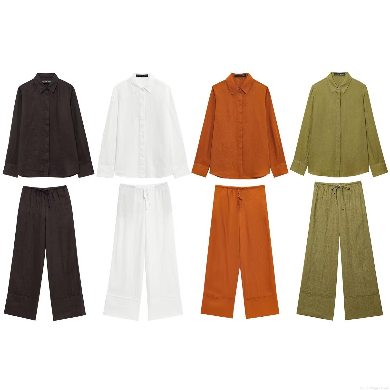 Women's Two Piece Set Long Sleeve Button Up Shirt And High Waist Wide Leg Pants With Drawstring Cotton Linen Texture Casual Solid Color Minimalist Streetwear Summer Vacation Outfits Women's Two Piece Set Long Sleeve Button Up Shirt And High Waist Wide Leg Pants With Drawstring Cotton Linen Texture Casual Solid Color Minimalist Streetwear Summer Vacation Outfits