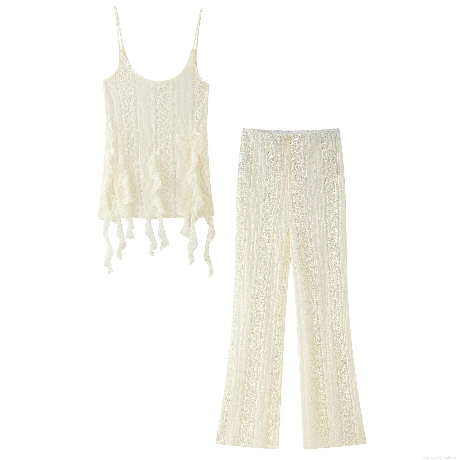 Women's Sexy Polyester Lace Crochet Two-Piece Set Solid Color Cami Top and High Waist Flare Pants Set Streetwear Summer Outfits Women's Sexy Polyester Lace Crochet Two-Piece Set Solid Color Cami Top and High Waist Flare Pants Set Streetwear Summer Outfits