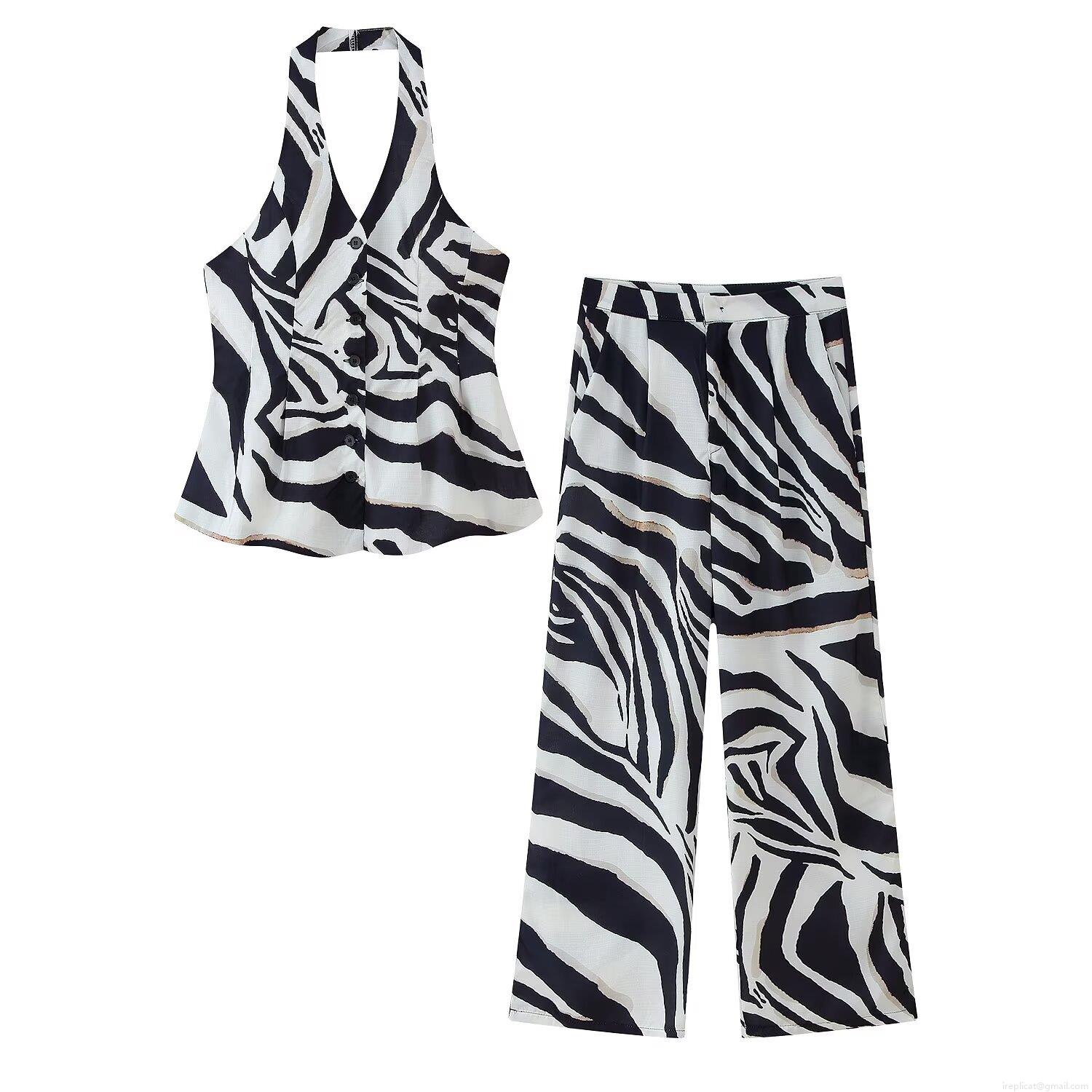 Women's Zebra Print Two Piece Set Polyester Sleeveless Halter Neck Button Vest Top And Wide Leg Pants Casual Summer Streetwear Chic Outfit Women's Zebra Print Two Piece Set Polyester Sleeveless Halter Neck Button Vest Top And Wide Leg Pants Casual Summer Streetwear Chic Outfit
