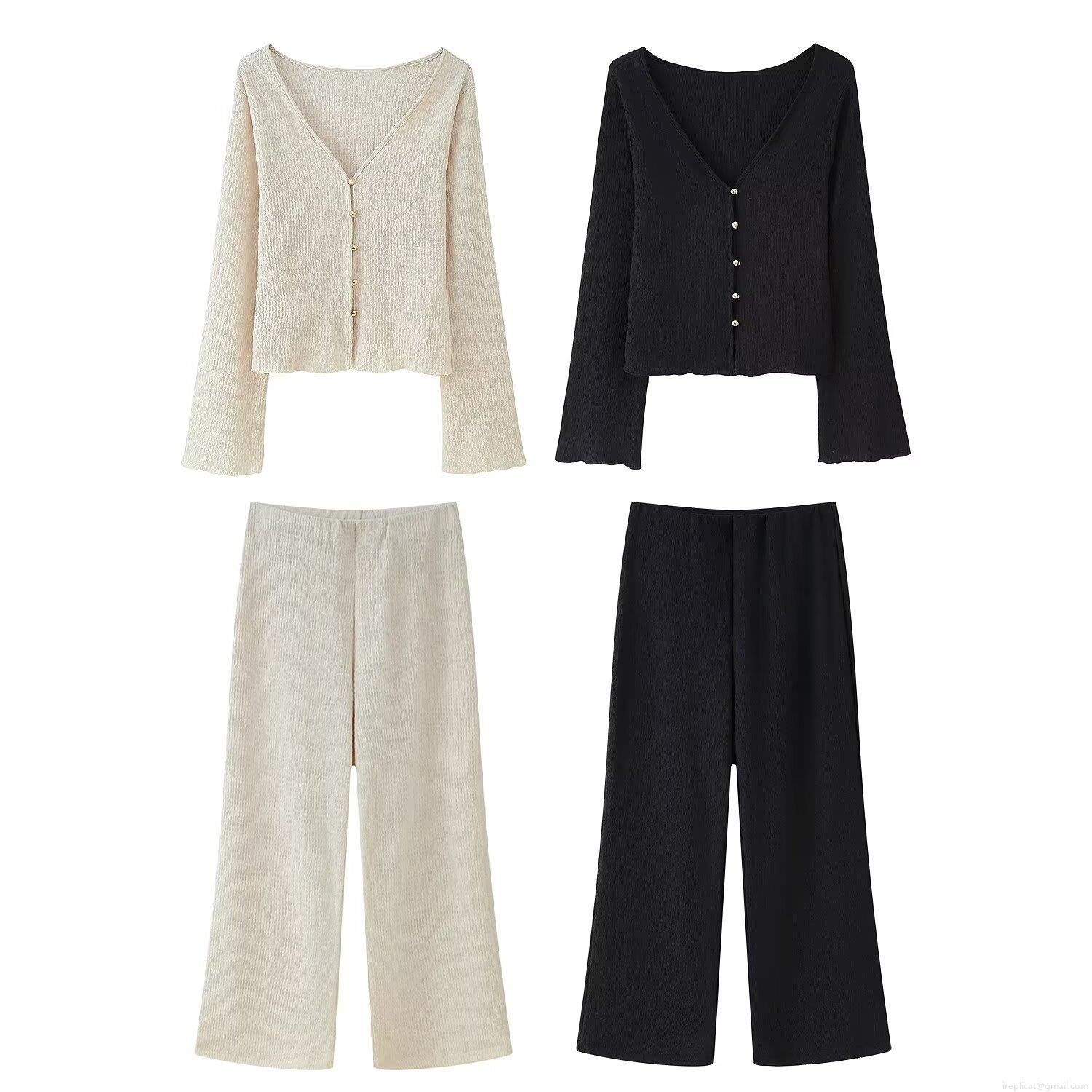 Women's 2 Piece Outfits V-Neck Long Sleeve Single-Breasted Plisse Cardigan and Wide Leg Pants Set Solid Color Casual Streetwear Clothing Sets Women's 2 Piece Outfits V-Neck Long Sleeve Single-Breasted Plisse Cardigan and Wide Leg Pants Set Solid Color Casual Streetwear Clothing Sets