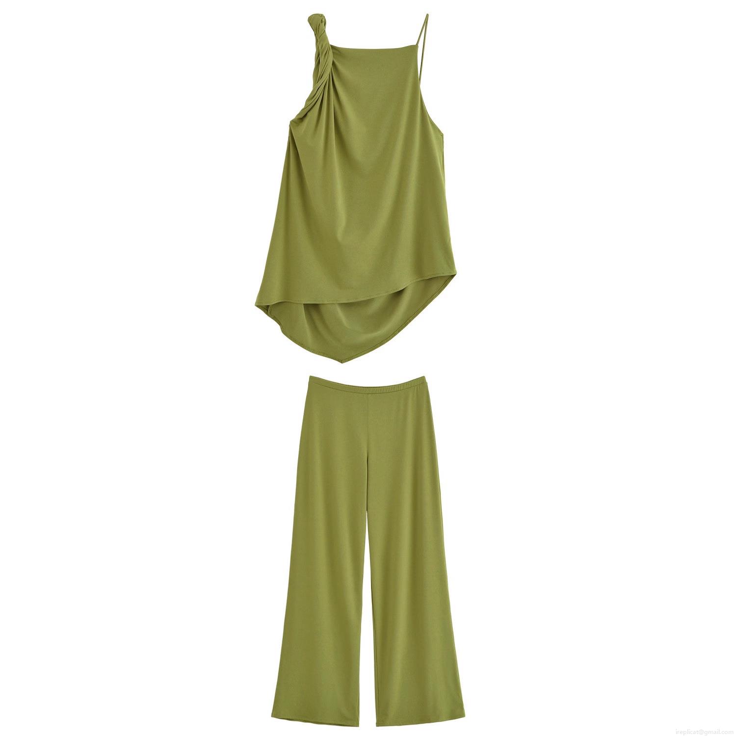 Women's Summer Two Piece Set Asymmetric Pleated Sleeveless Top And Wide Leg Pants Casual Streetwear Polyester Blend Outfits For Women Women's Summer Two Piece Set Asymmetric Pleated Sleeveless Top And Wide Leg Pants Casual Streetwear Polyester Blend Outfits For Women