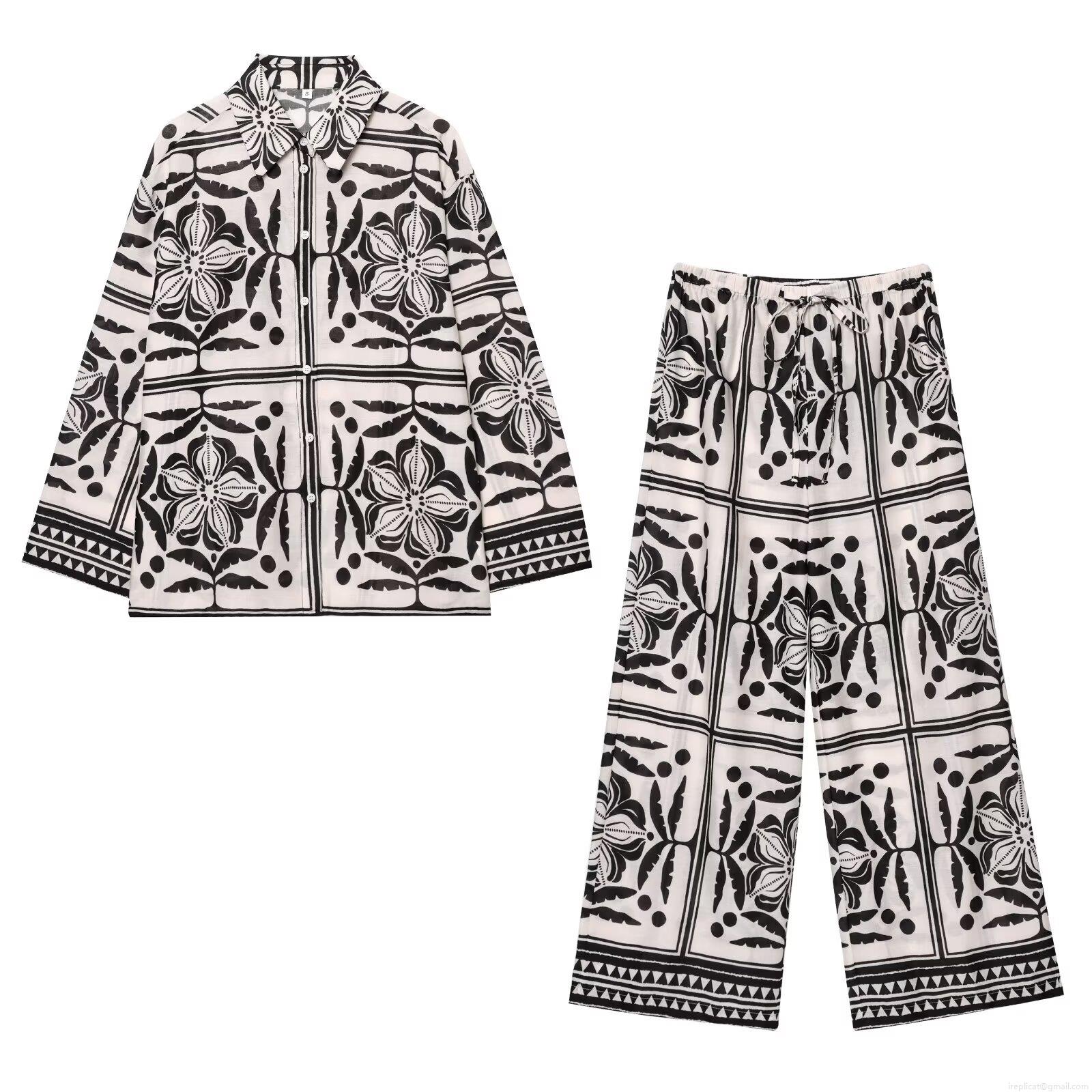 Women's 2 Piece Outfits Floral Geometric Print Long Sleeve Button Down Shirt and Wide Leg Pants Set Casual Streetwear Suits For Spring Summer Women's 2 Piece Outfits Floral Geometric Print Long Sleeve Button Down Shirt and Wide Leg Pants Set Casual Streetwear Suits For Spring Summer