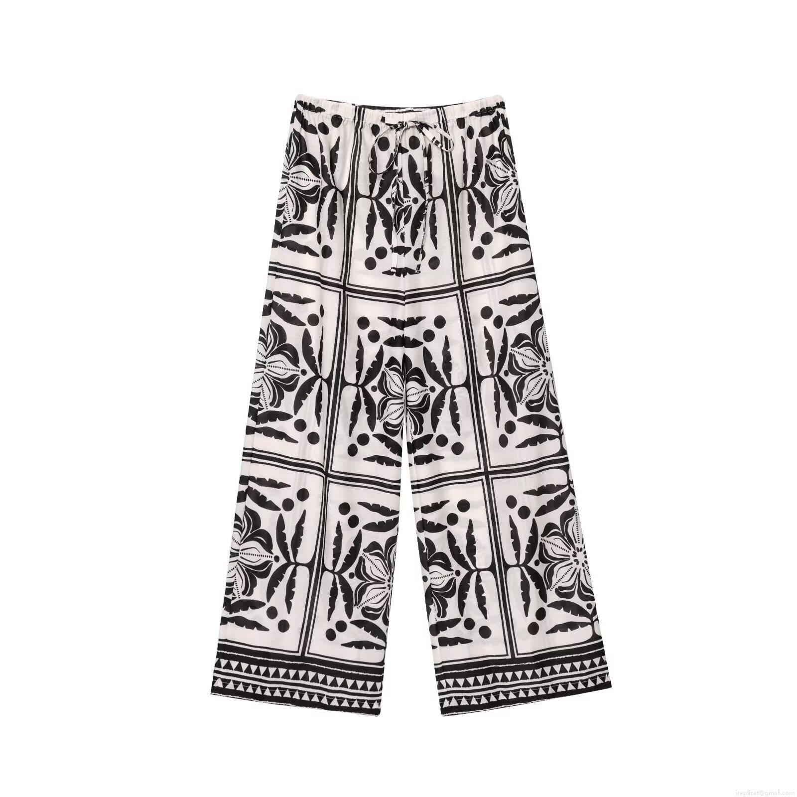 Women\'s 2 Piece Outfits Floral Geometric Print Long Sleeve Button Down Shirt and Wide Leg Pants Set Casual Streetwear Suits For Spring Summer