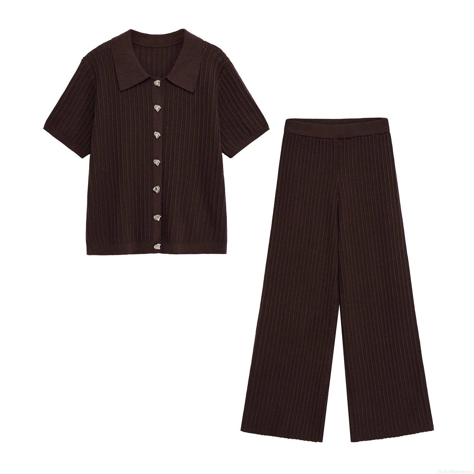 Women's Summer Knit Two Piece Set Short Sleeve Polo Neck Button Down Cardigan And High Waist Wide Leg Long Pants Ribbed Solid Color Casual Chic Streetwear Women's Summer Knit Two Piece Set Short Sleeve Polo Neck Button Down Cardigan And High Waist Wide Leg Long Pants Ribbed Solid Color Casual Chic Streetwear