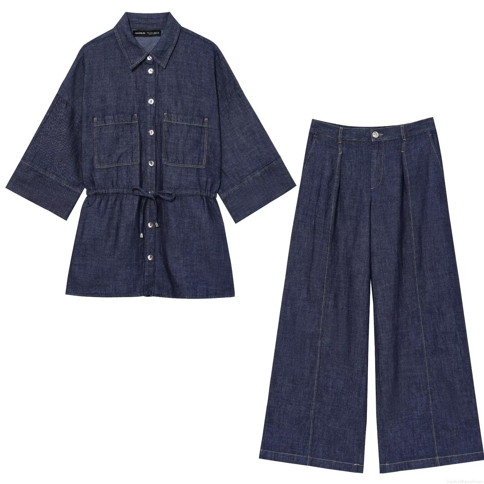 Women's Denim Shirt And Wide Leg Pants Two-Piece Set Polyester Denim Waist Drawstring Streetwear Casual Daily Outfit Ladies High Waist Clothing Women's Denim Shirt And Wide Leg Pants Two-Piece Set Polyester Denim Waist Drawstring Streetwear Casual Daily Outfit Ladies High Waist Clothing