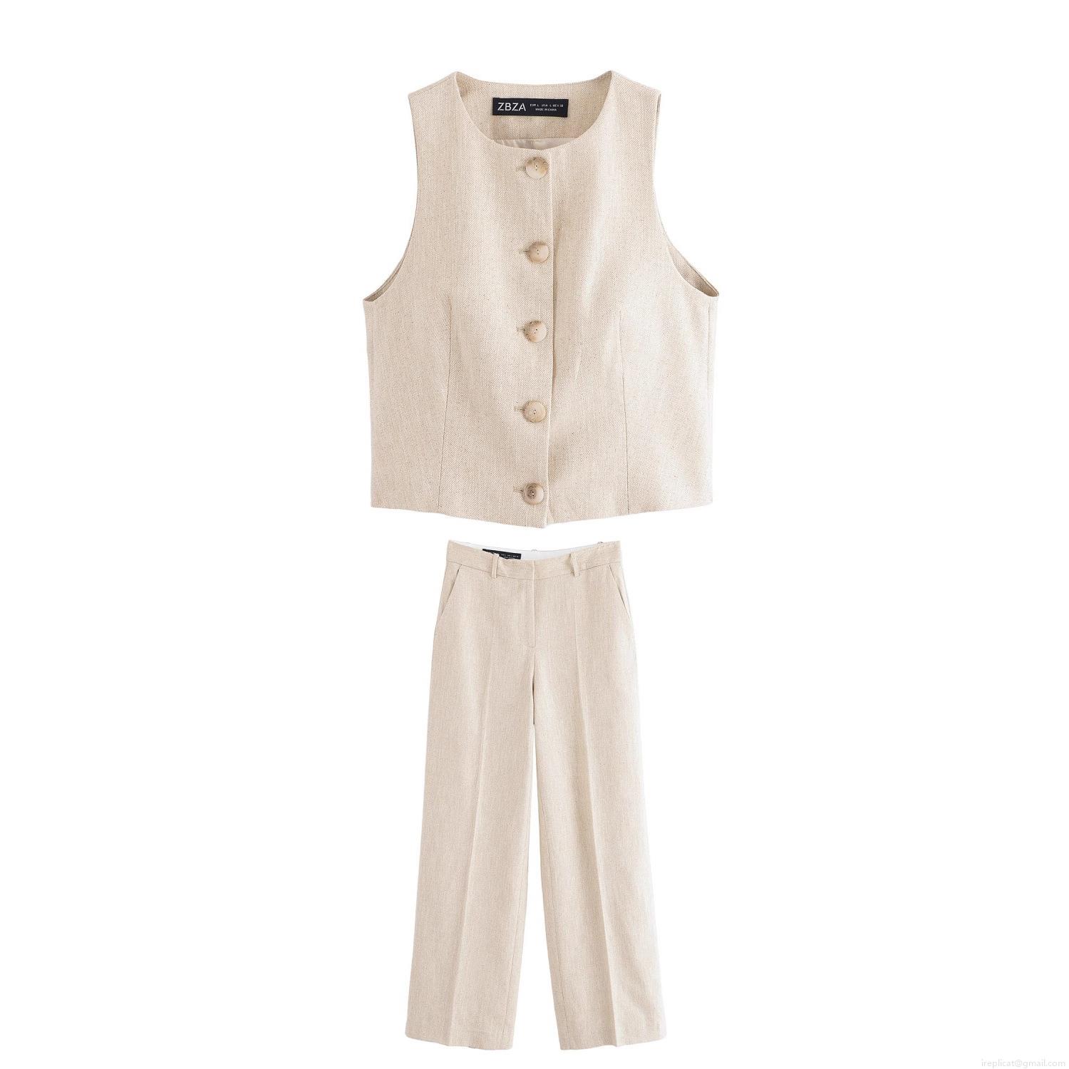Women's Fashion Sleeveless Vest and Straight Leg Pants 2-Piece Set European Street Style Beige Herringbone Twill Polyester Woven Casual Outfit for Summer Women's Fashion Sleeveless Vest and Straight Leg Pants 2-Piece Set European Street Style Beige Herringbone Twill Polyester Woven Casual Outfit for Summer