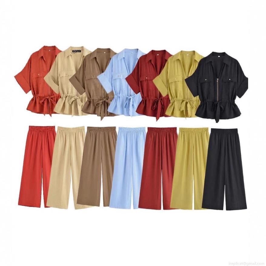 Women's 2-Piece Pants Set Polyester Cotton Linen Feel Short Sleeve Zip Up Shirt And High Waist Wide Leg Pants Casual Summer Outfits Women's 2-Piece Pants Set Polyester Cotton Linen Feel Short Sleeve Zip Up Shirt And High Waist Wide Leg Pants Casual Summer Outfits
