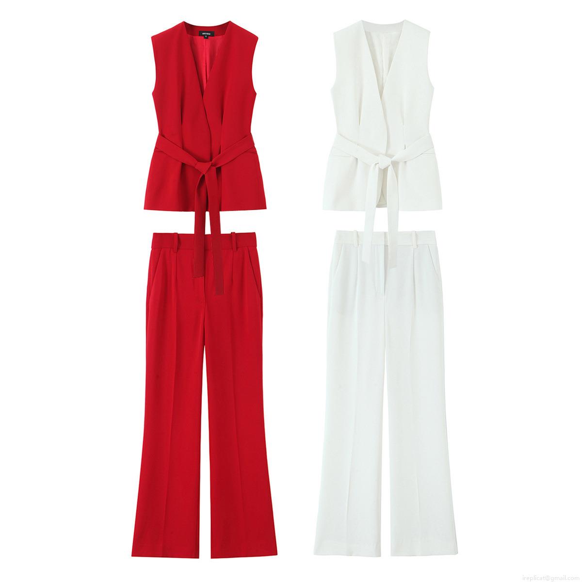 Women's 2-Piece Fashion Suit Set Sleeveless V-Neck Vest With Belt And High Waist Straight Leg Trousers Solid Color Woven Polyester Outfit For Summer Party Daily Wear Women's 2-Piece Fashion Suit Set Sleeveless V-Neck Vest With Belt And High Waist Straight Leg Trousers Solid Color Woven Polyester Outfit For Summer Party Daily Wear