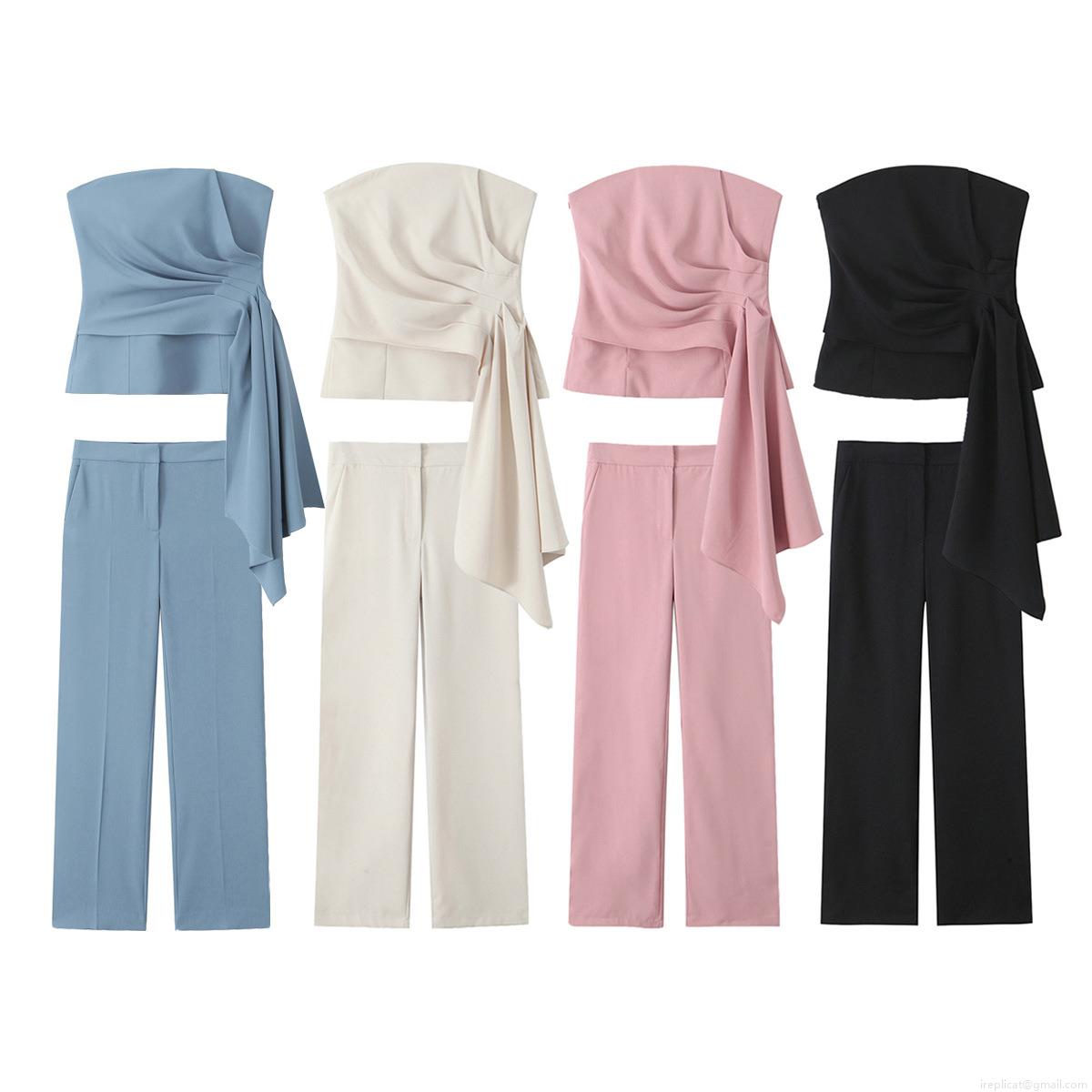 Women's Two Piece Set Strapless Asymmetrical Pleated Corset Top And High Waist Straight Leg Trousers Polyester Summer Party Streetwear Outfit Women's Two Piece Set Strapless Asymmetrical Pleated Corset Top And High Waist Straight Leg Trousers Polyester Summer Party Streetwear Outfit