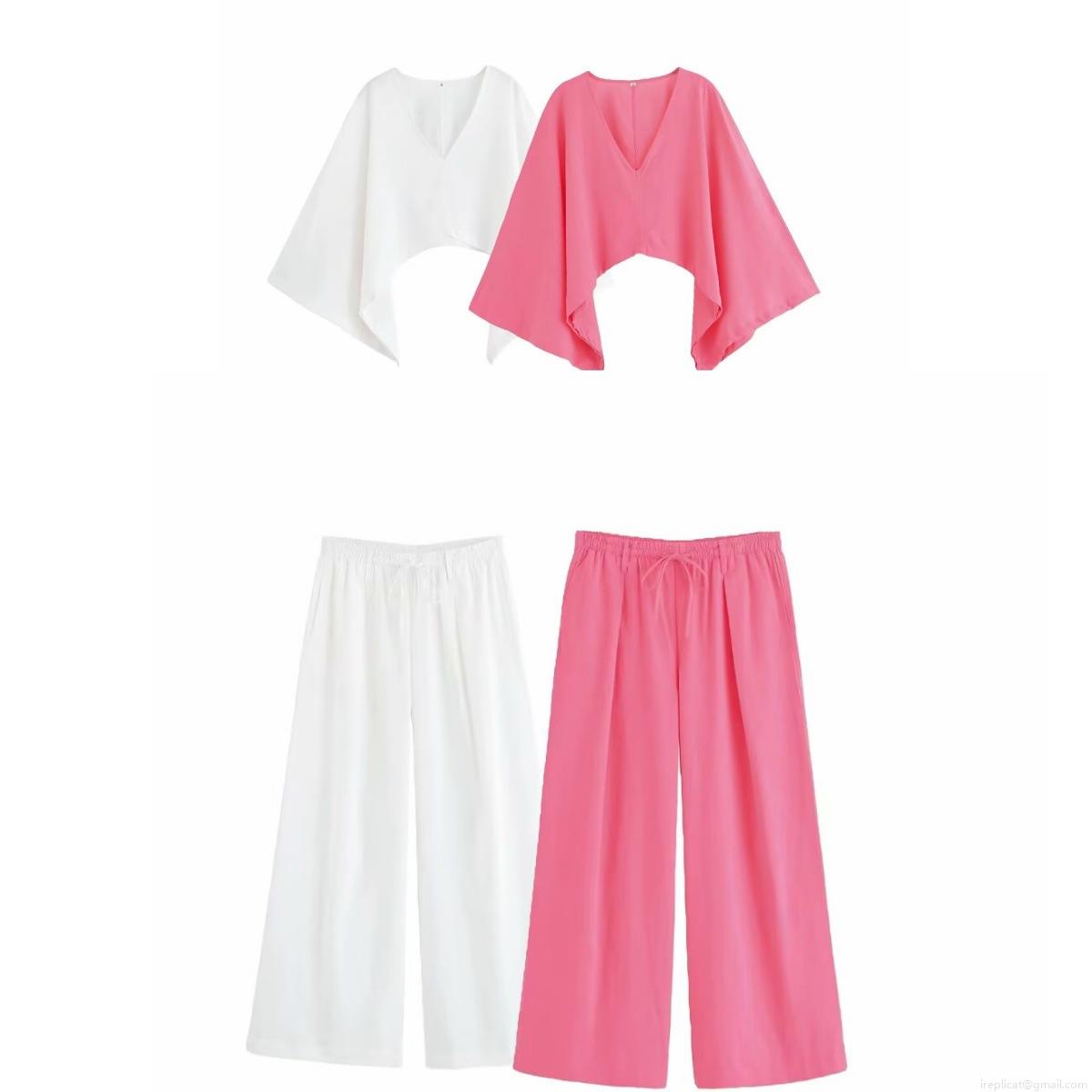 Women Summer 2-Piece Outfits Casual V Neck Batwing Sleeve Short Crop Top And High Waisted Drawstring Wide Leg Pants Set Solid Color Streetwear Suit For Women Women Summer 2-Piece Outfits Casual V Neck Batwing Sleeve Short Crop Top And High Waisted Drawstring Wide Leg Pants Set Solid Color Streetwear Suit For Women