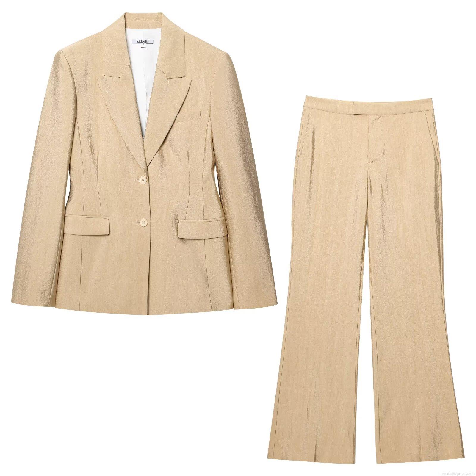 Women's Champagne Gold Metallic Blazer Suit Set Elegant Single Breasted Jacket And Wide Leg Pants Office Professional Two Piece Outfit Women's Champagne Gold Metallic Blazer Suit Set Elegant Single Breasted Jacket And Wide Leg Pants Office Professional Two Piece Outfit