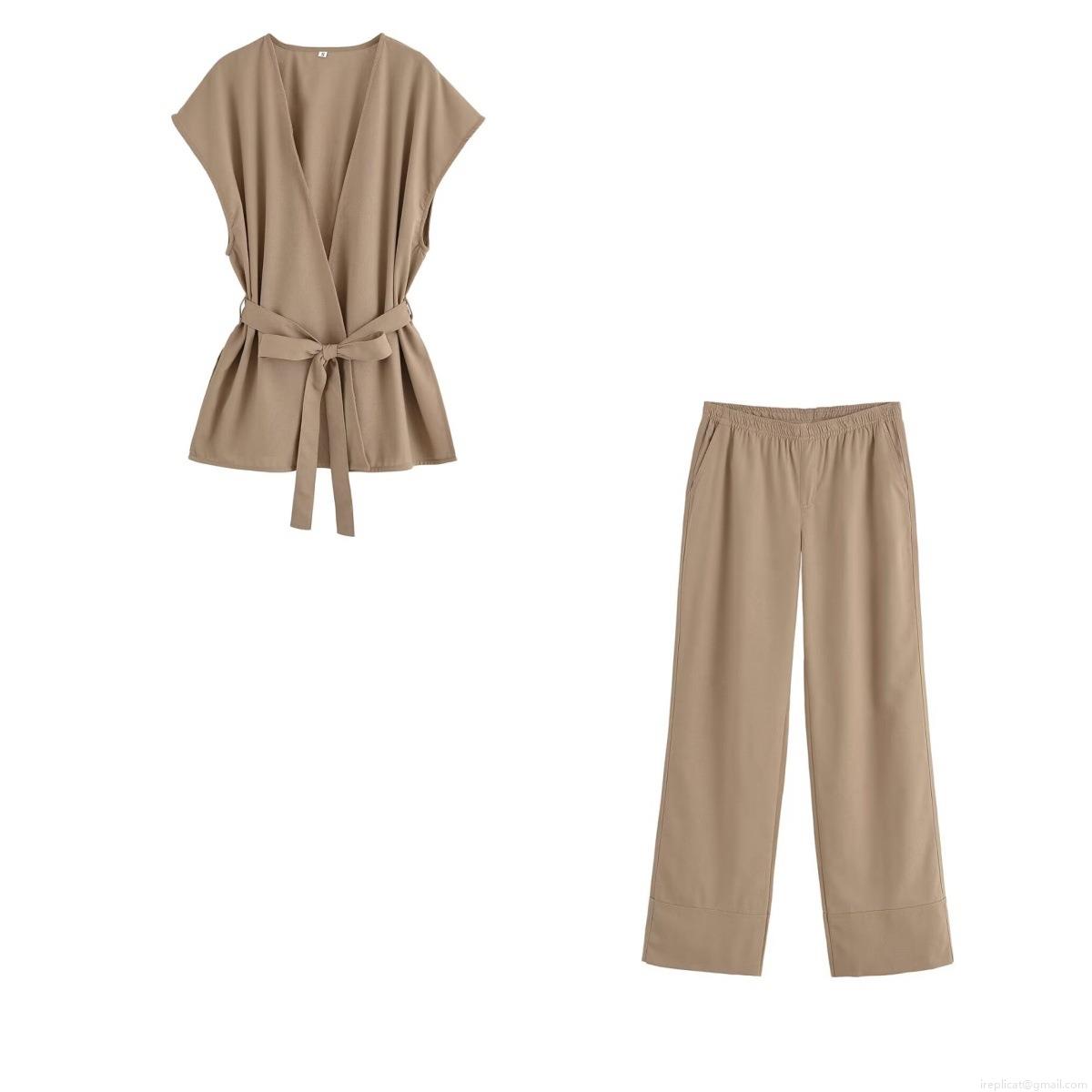 Women's 2025 Summer Street Style V Neck Sleeveless Belted Vest And Flare Pants Two Piece Co-ord Set Solid Color Khaki Casual Outfit For Women Women's 2025 Summer Street Style V Neck Sleeveless Belted Vest And Flare Pants Two Piece Co-ord Set Solid Color Khaki Casual Outfit For Women