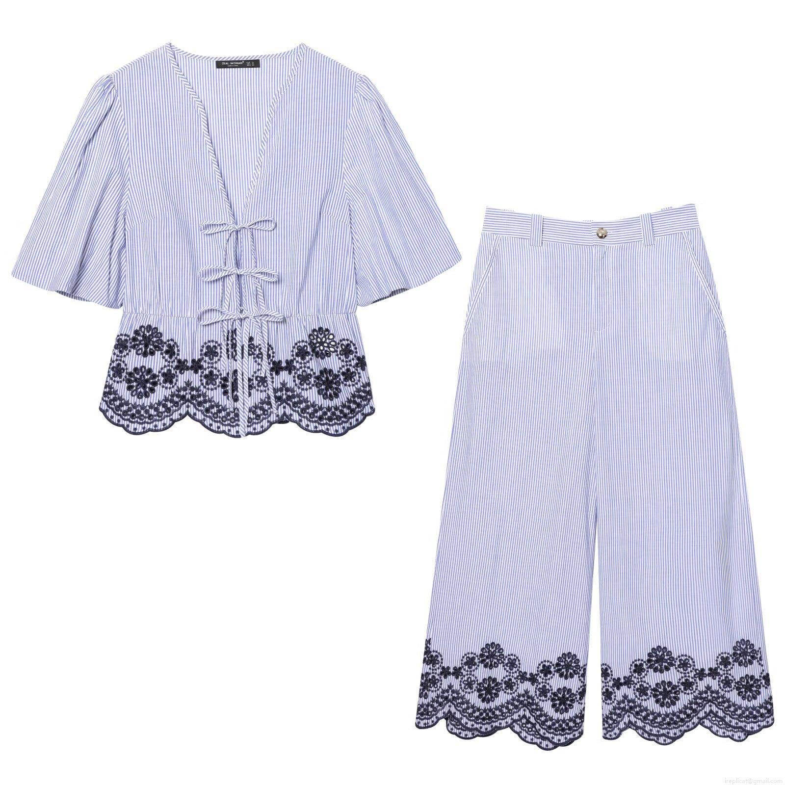 Women's Two-Piece Set Polyester Blue White Striped V-Neck Lace-up Top And High Waist Wide Leg Floral Embroidery Cropped Pants Summer Casual Streetwear Women's Two-Piece Set Polyester Blue White Striped V-Neck Lace-up Top And High Waist Wide Leg Floral Embroidery Cropped Pants Summer Casual Streetwear