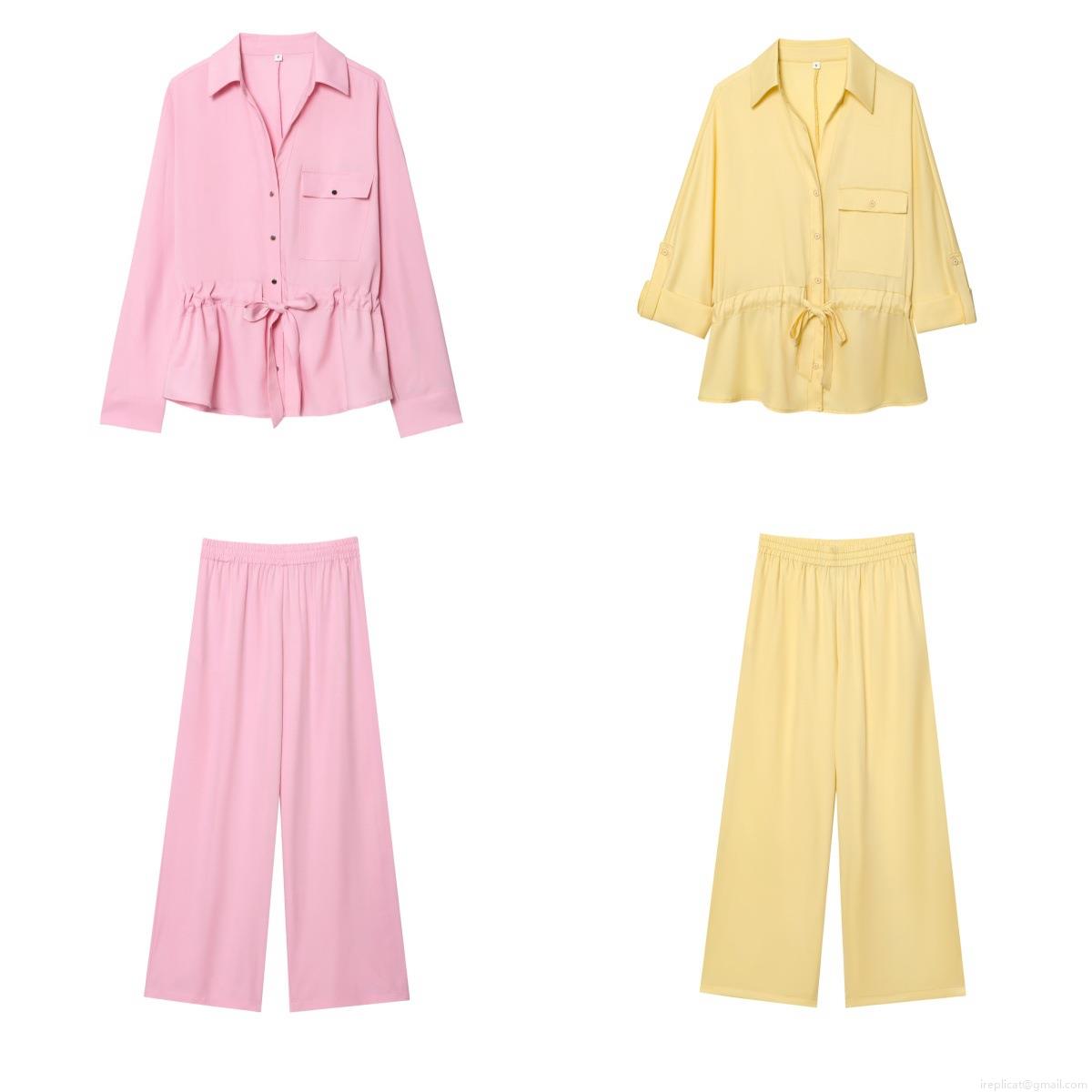 Women's Casual Solid Color Two Piece Set Lapel Long Sleeve Tie Waist Shirt and High Waist Wide Leg Pants Chiffon Texture Outfit Streetwear Vacation Two Piece Suit Women's Casual Solid Color Two Piece Set Lapel Long Sleeve Tie Waist Shirt and High Waist Wide Leg Pants Chiffon Texture Outfit Streetwear Vacation Two Piece Suit
