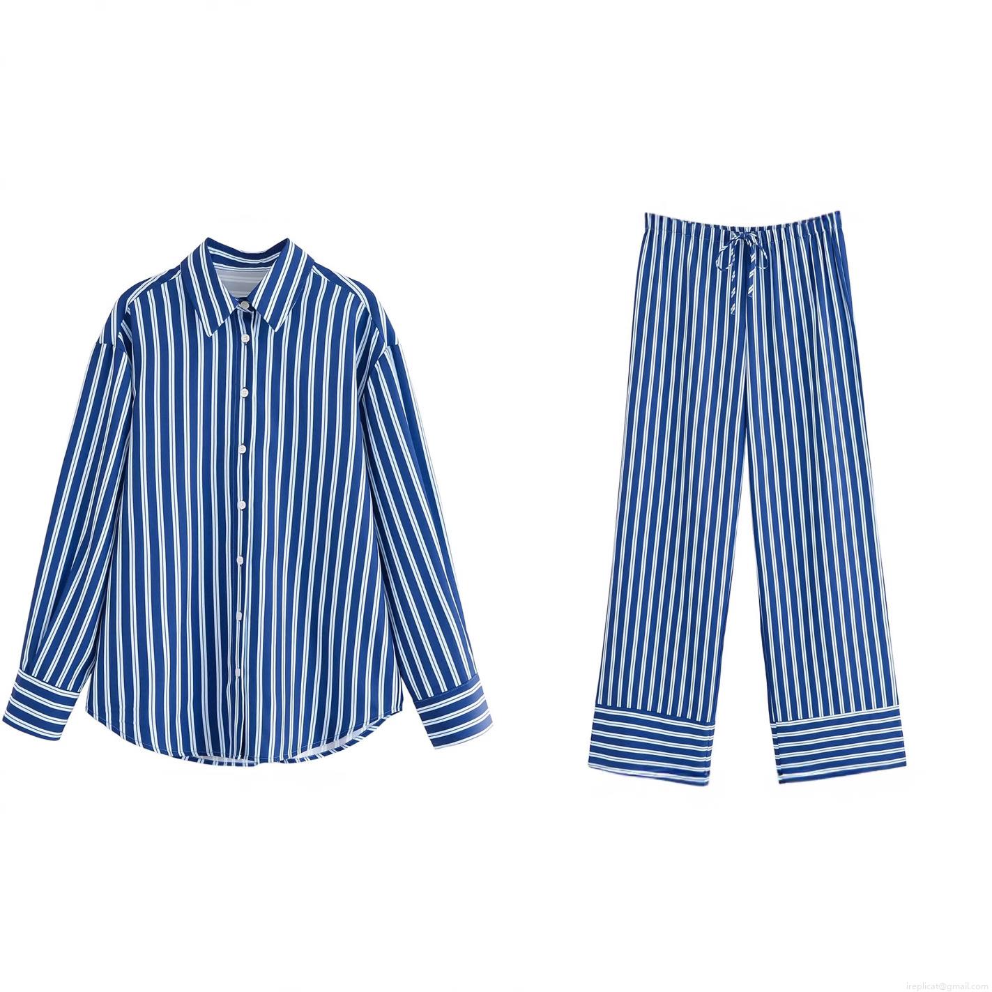 Women's Fashion Blue White Stripe Two Piece Set Loose Long Sleeve Button Down Shirt And Wide Leg Drawstring Pants Casual Streetwear Summer Outfit Women's Fashion Blue White Stripe Two Piece Set Loose Long Sleeve Button Down Shirt And Wide Leg Drawstring Pants Casual Streetwear Summer Outfit
