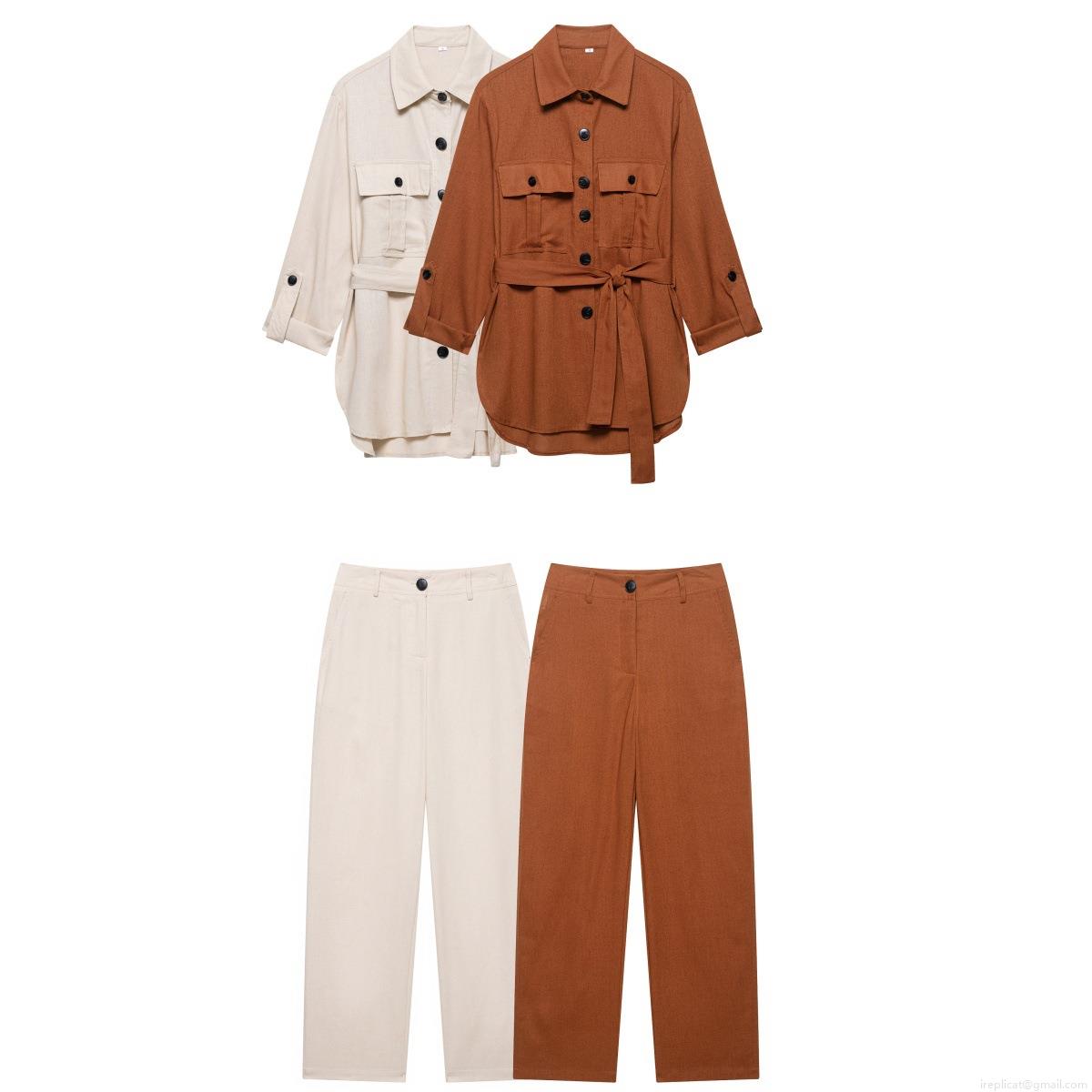 Women's Two Piece Outfits Set Long Sleeve Button Down Shirt With Belt And High Waist Wide Leg Pants Polyester Solid Color Casual Streetwear Suits Women's Two Piece Outfits Set Long Sleeve Button Down Shirt With Belt And High Waist Wide Leg Pants Polyester Solid Color Casual Streetwear Suits