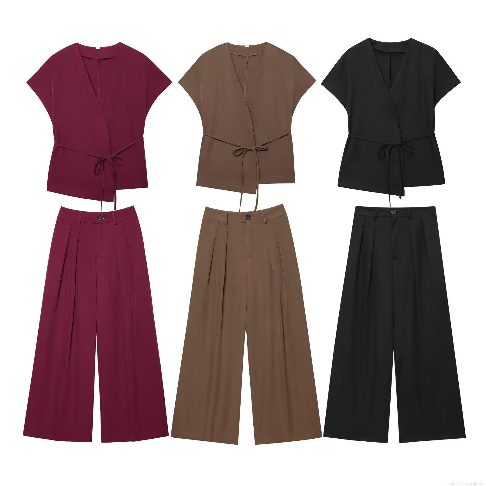 Women's Casual Two Piece Outfits V Neck Tie Up Short Sleeve Top and High Waist Wide Leg Pants Set Solid Color Polyester Office Lady Streetwear Suit Women's Casual Two Piece Outfits V Neck Tie Up Short Sleeve Top and High Waist Wide Leg Pants Set Solid Color Polyester Office Lady Streetwear Suit