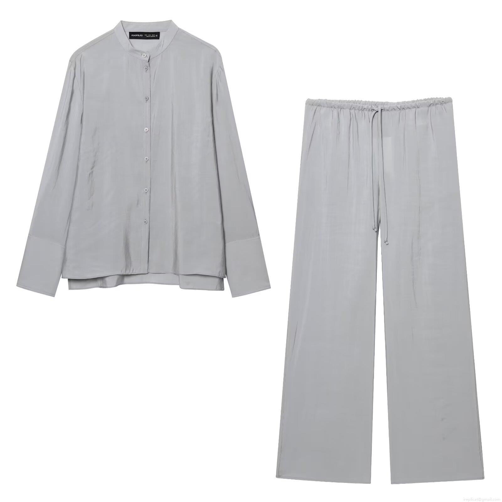 Women's Two Piece Set Satin Long Sleeve Shirt And Wide Leg Drawstring Pants Casual Drape Outfits European Style Solid Color Streetwear Sets Women's Two Piece Set Satin Long Sleeve Shirt And Wide Leg Drawstring Pants Casual Drape Outfits European Style Solid Color Streetwear Sets