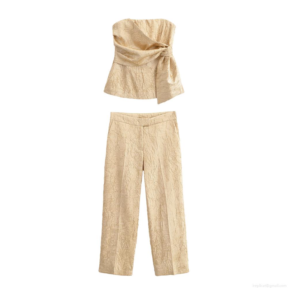 Women's Sexy Two Piece Outfits Strapless Knot Front Pleated Bandeau Top And High Waist Straight Leg Pants Textured Polyester Summer Party Streetwear Women's Sexy Two Piece Outfits Strapless Knot Front Pleated Bandeau Top And High Waist Straight Leg Pants Textured Polyester Summer Party Streetwear