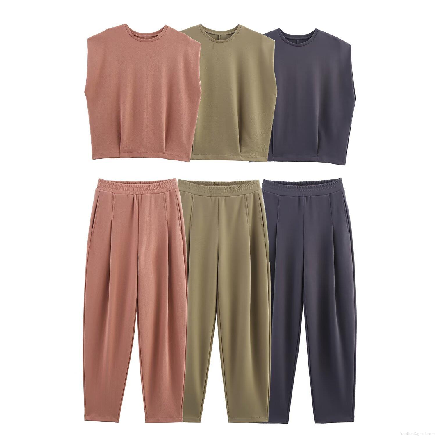 Women's 2 Piece Summer Casual Sleeveless Shoulder Pad T-Shirt and High Waist Pants Set Streetwear Solid Color Polyester Loungewear Outfit