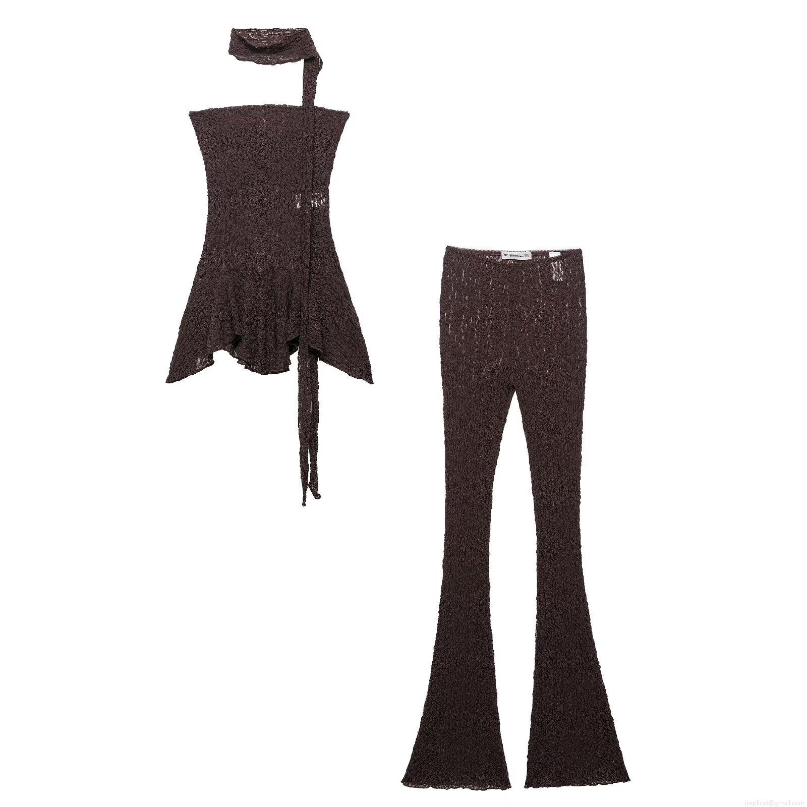 Women's Sexy Lace Crochet Two Piece Set With Strapless Tube Top Ruffle Irregular Hem And High Waist Flared Leg Pants Chic Summer Streetwear Outfit Women's Sexy Lace Crochet Two Piece Set With Strapless Tube Top Ruffle Irregular Hem And High Waist Flared Leg Pants Chic Summer Streetwear Outfit