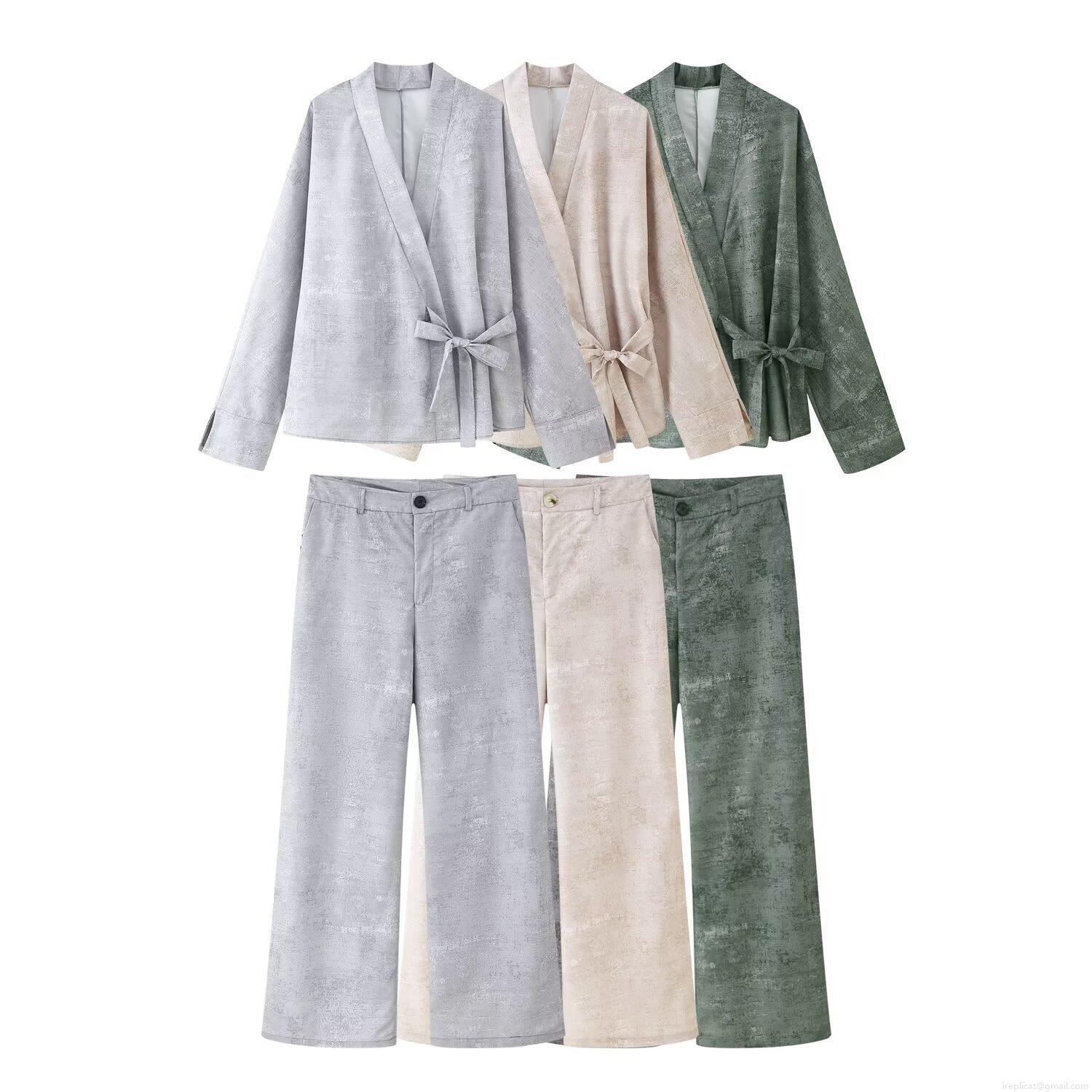 Women's Kimono Style Tie Side Top and High Waist Wide Leg Pants Two Piece Set Mottled Texture Polyester Casual Suit Streetwear Autumn Clothing Women's Kimono Style Tie Side Top and High Waist Wide Leg Pants Two Piece Set Mottled Texture Polyester Casual Suit Streetwear Autumn Clothing