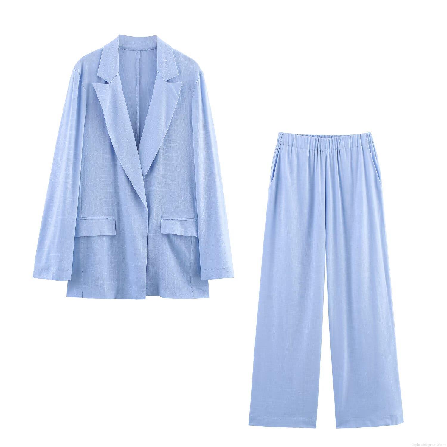 Women's Casual Notch Lapel Long Sleeve Blazer And Wide Leg Pants Two Piece Set Polyester Linen Texture European Streetwear Office Lady Suit For Autumn Women's Casual Notch Lapel Long Sleeve Blazer And Wide Leg Pants Two Piece Set Polyester Linen Texture European Streetwear Office Lady Suit For Autumn