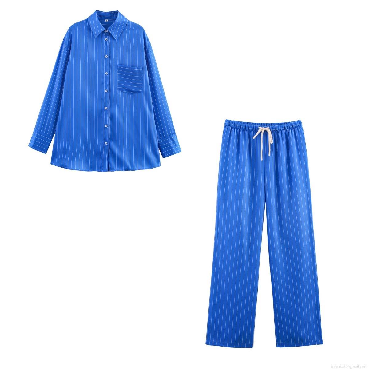 Women's Casual Blue White Vertical Striped 2 Piece Set Satin Finish Polyester Long Sleeve Button Down Shirt And Drawstring Wide Leg Pants Loungewear Suit For Women Women's Casual Blue White Vertical Striped 2 Piece Set Satin Finish Polyester Long Sleeve Button Down Shirt And Drawstring Wide Leg Pants Loungewear Suit For Women