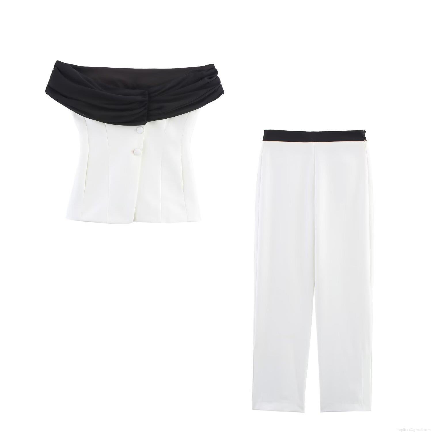 Women's 2-Piece Summer Fashion Outfit Set Contrast Color Off-Shoulder Bandeau Tube Top and High Waist Patchwork Straight Leg Trousers Street Style Polyester Suit Women's 2-Piece Summer Fashion Outfit Set Contrast Color Off-Shoulder Bandeau Tube Top and High Waist Patchwork Straight Leg Trousers Street Style Polyester Suit