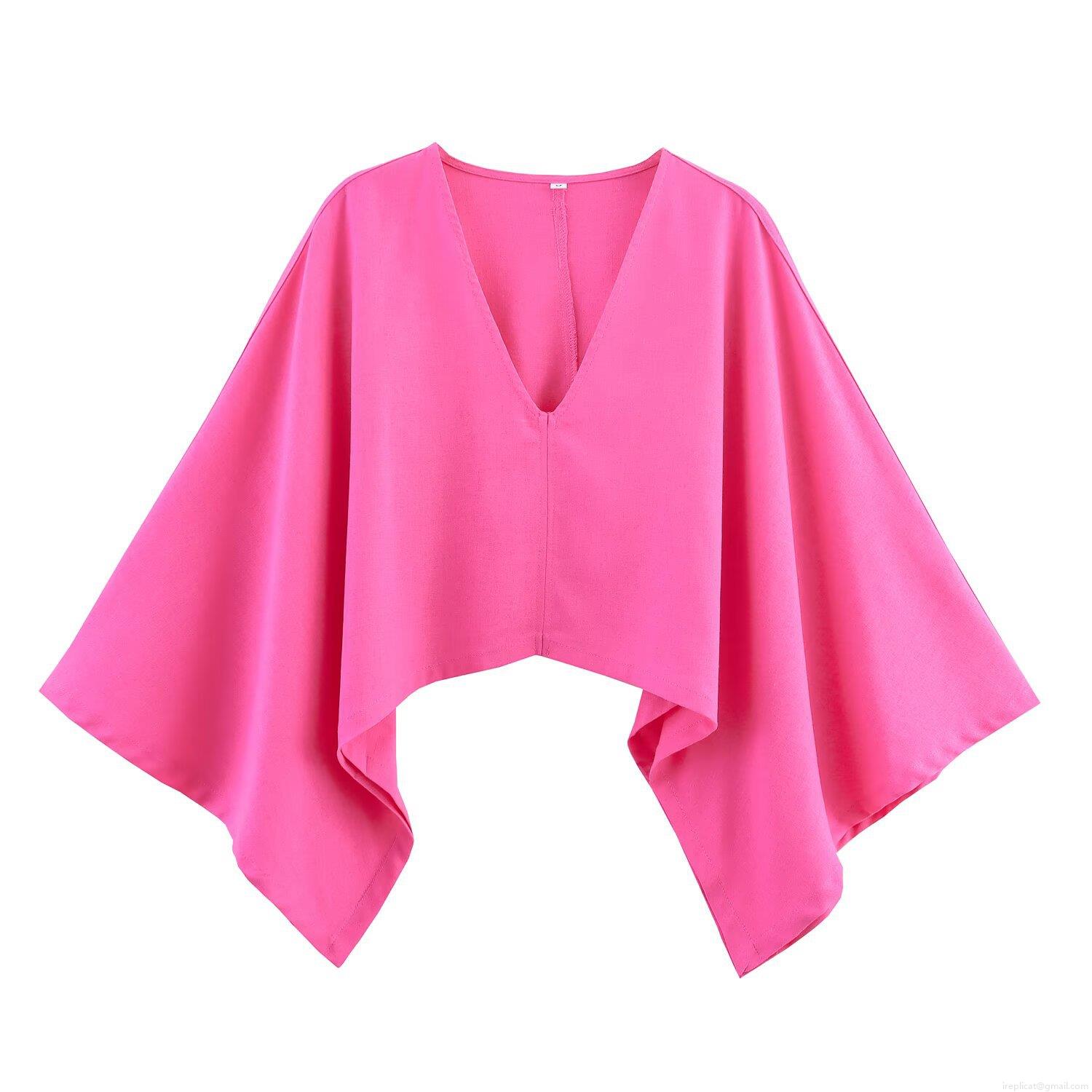 Women\'s Asymmetric Cloak Top and Wide Leg Pants Set Solid Color Polyester V-Neck Batwing Sleeve Streetwear Casual Summer Two-Piece Outfit