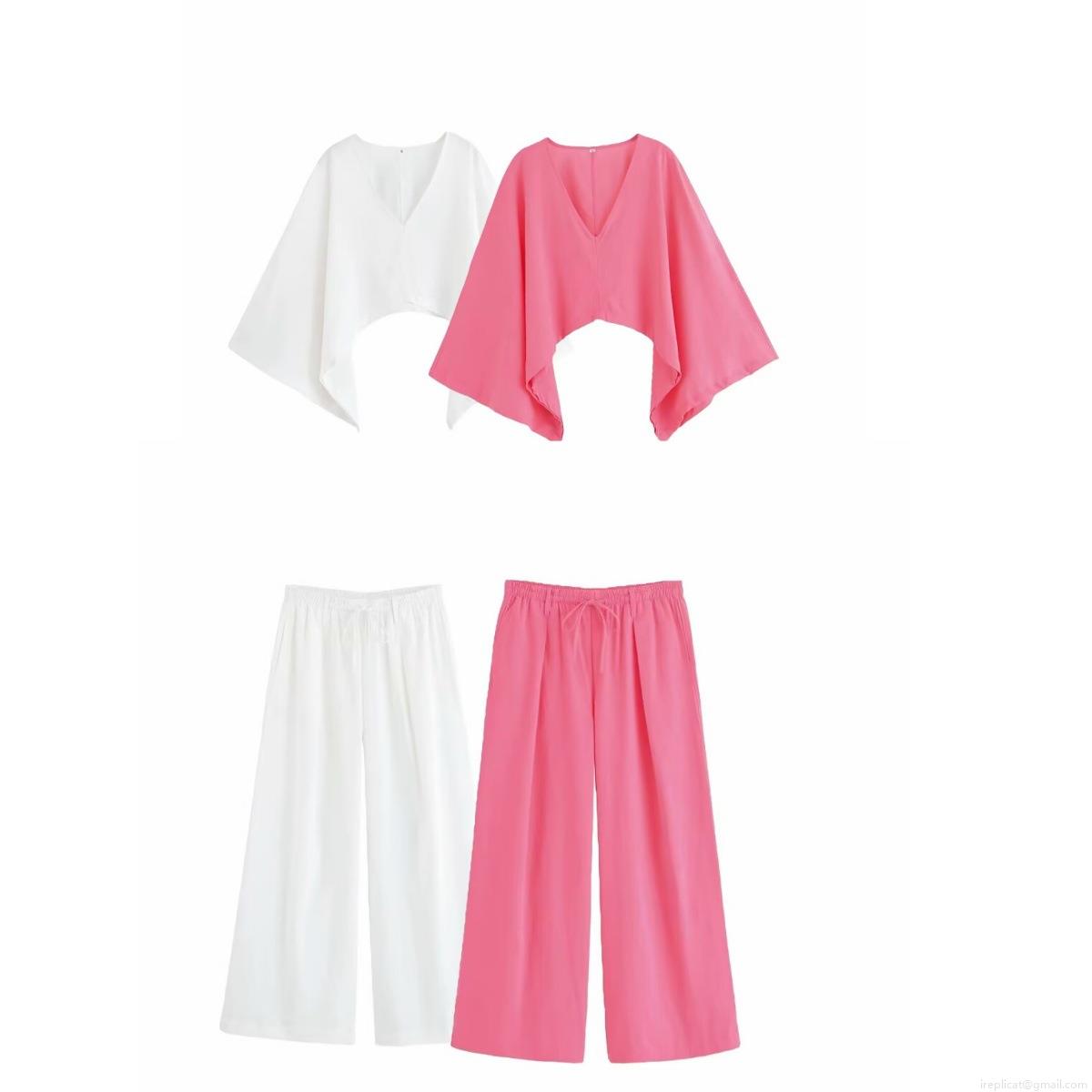 Women\'s Asymmetric Cloak Top and Wide Leg Pants Set Solid Color Polyester V-Neck Batwing Sleeve Streetwear Casual Summer Two-Piece Outfit